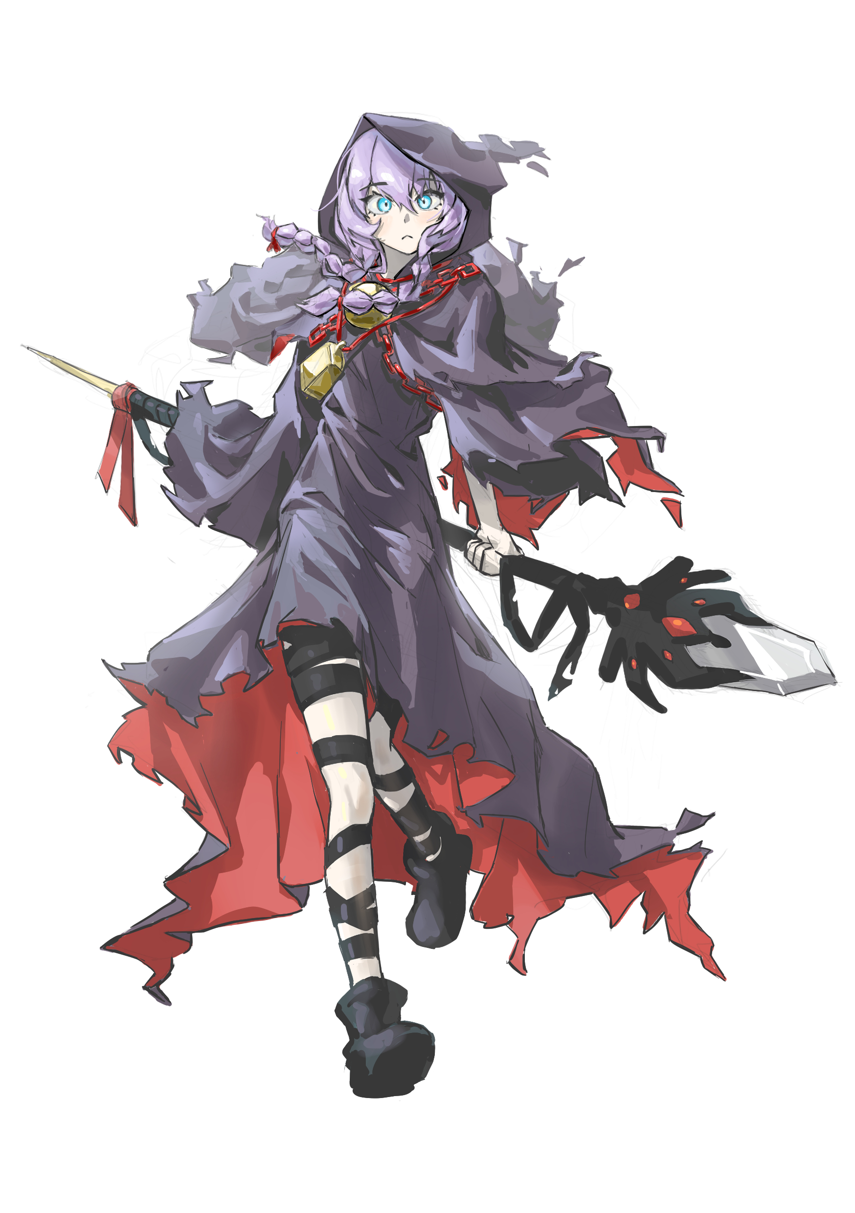 curse maker, curse maker 2, etrian odyssey, sekaiju no meikyuu, sekaiju no meikyuu 1, sekaiju no meikyuu 2, absurdres, highres, 1girl, ankle boots, bandaged leg, bandages, black bandages, black cloak, blue eyes, boots, braid, chain, cloak, holding, holding staff, hood, hooded cloak, long hair, looking at viewer, medallion, purple hair, remase2642, solo, staff, twin braids