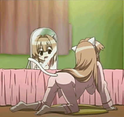 seto sun, seto no hanayome, screencap, animated, animated gif, lowres, 00s, animal ears, barefoot, brown eyes, brown hair, cat ears, cat tail, feet, long hair, mirror, pajamas, soles, solo, tail, toes
