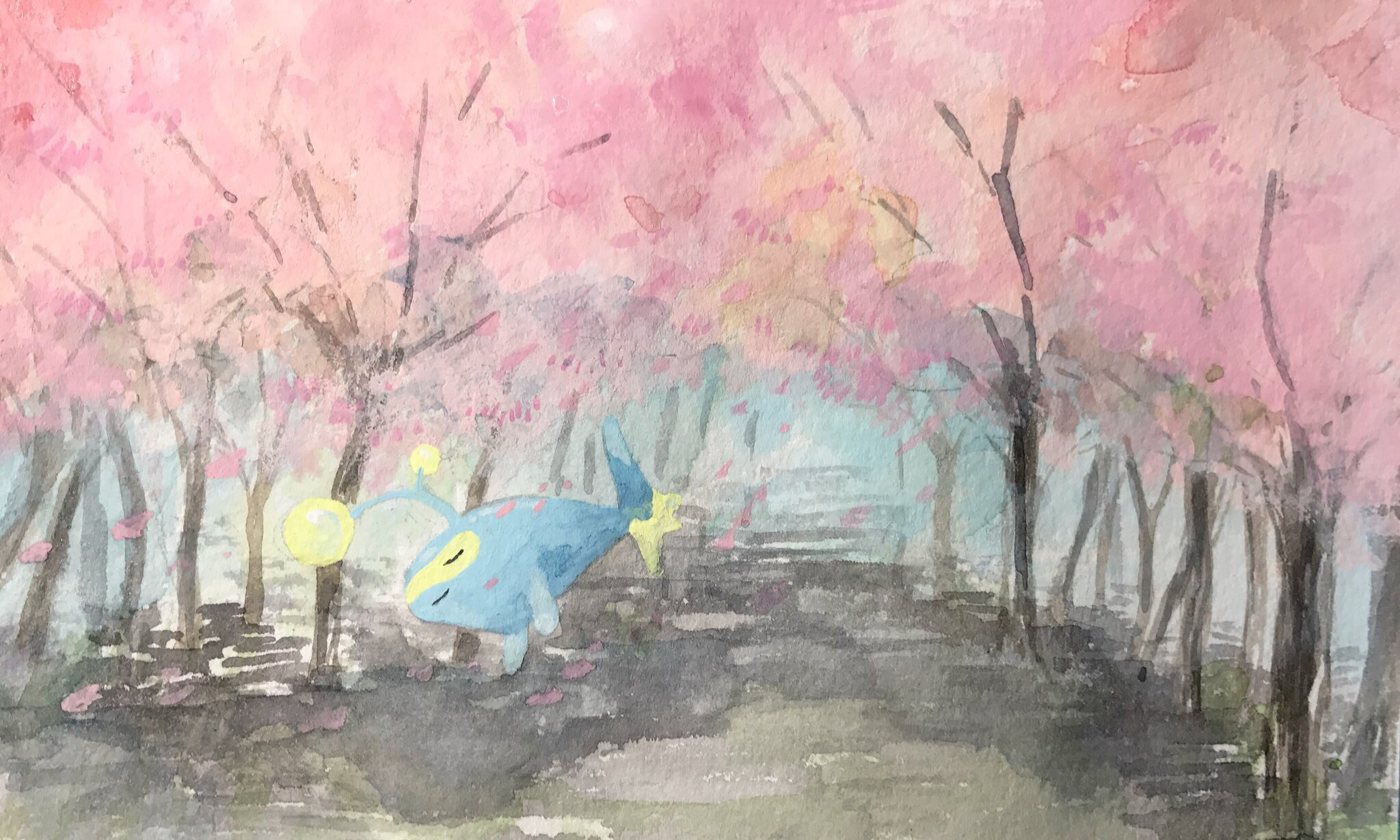 mint nappa, lanturn, nintendo, pokemon, highres, painting (medium), traditional media, watercolor (medium), cherry blossoms, closed eyes, closed mouth, fish, flying fish, gen 2 pokemon, no humans, outdoors, path, pokemon (creature), road, scenery, spring (season), tree