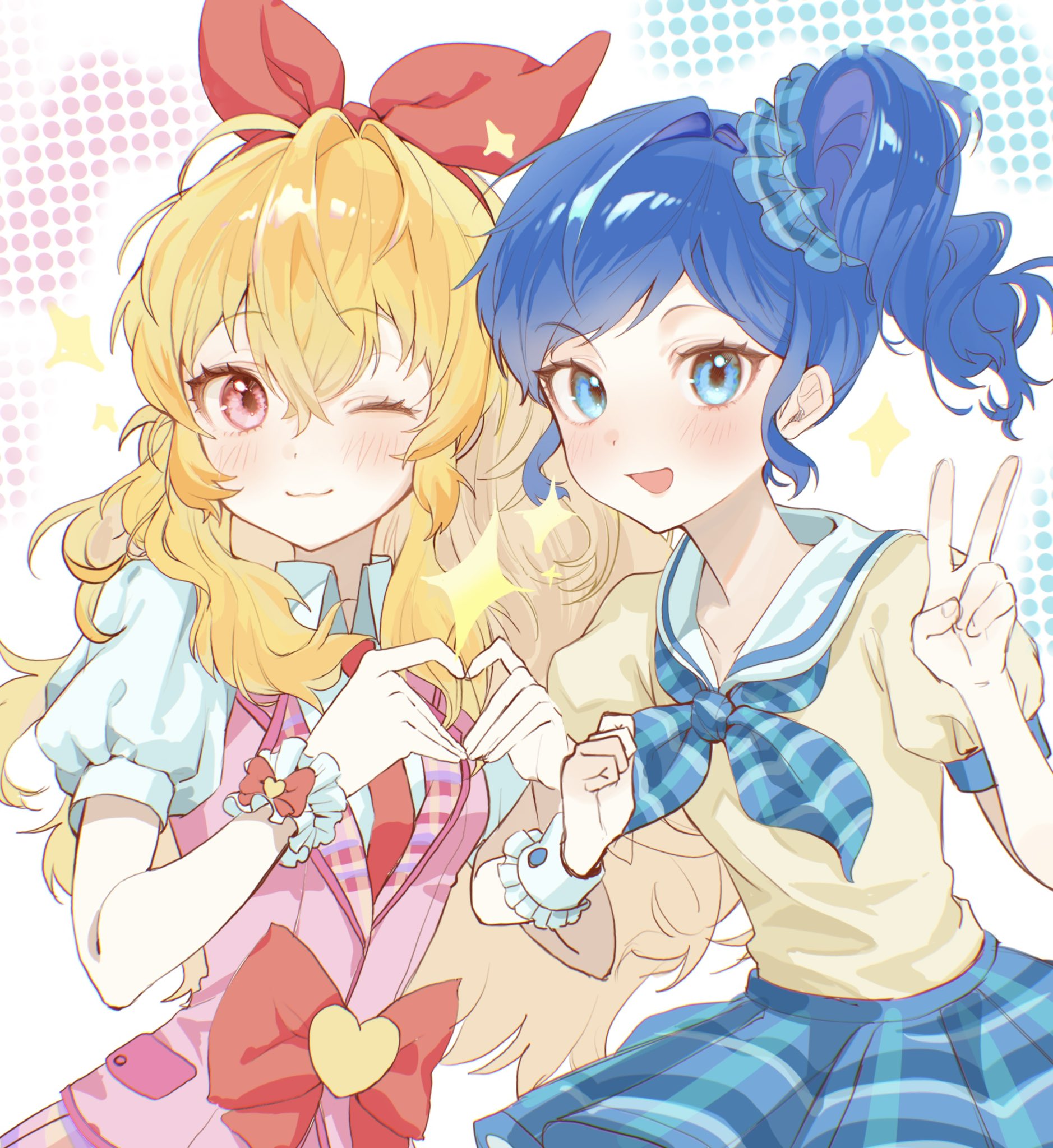 limu838, hoshimiya ichigo, kiriya aoi, aikatsu! (series), commentary request, highres, korean commentary, 2girls, :d, ;3, blonde hair, blue eyes, blue hair, blue neckerchief, blue scrunchie, blue shirt, blush, bow, bow hairband, closed mouth, collared shirt, four-finger heart hands, hair between eyes, hair ornament, hair scrunchie, hairband, hand up, heart, heart hands, long hair, looking at viewer, multiple girls, neckerchief, one eye closed, open mouth, pink vest, red bow, red eyes, red hairband, sailor collar, scrunchie, shirt, short hair, short sleeves, single wrist cuff, smile, sparkle, upper body, v, vest, white sailor collar, white shirt, wing collar, wrist cuffs