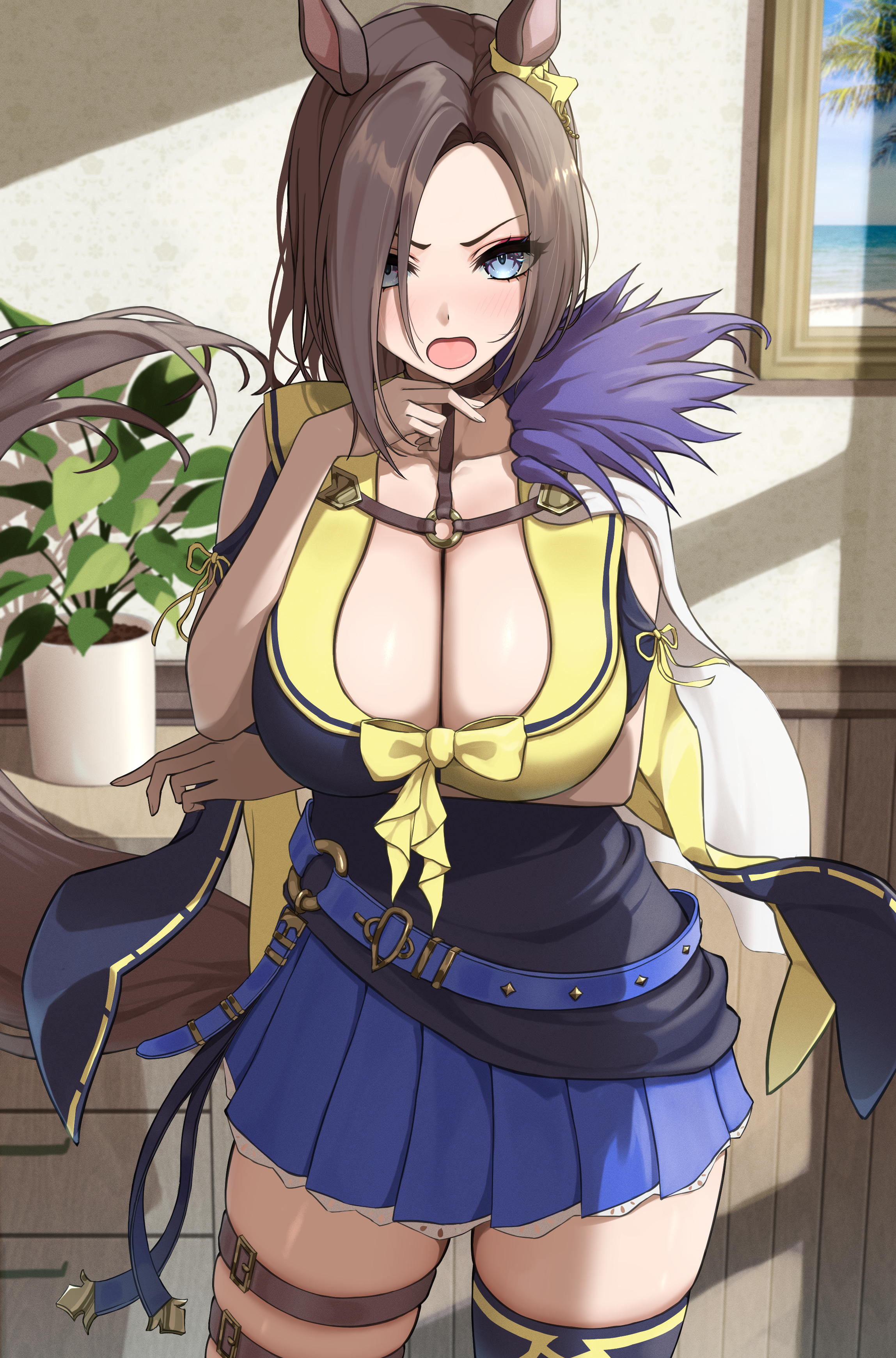 azuki (azuki azukki), air groove (umamusume), umamusume, absurdres, commentary request, highres, 1girl, animal ears, arm under breasts, blue eyes, blue skirt, blush, breasts, cleavage, ear ornament, hair intakes, horse ears, horse girl, horse tail, large breasts, looking at viewer, open mouth, plant, pleated skirt, potted plant, purple shirt, sailor collar, sailor shirt, shirt, short hair, skindentation, skirt, solo, standing, tail, thigh strap, thighs, yellow sailor collar