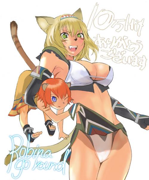robina, mithra (ff11), final fantasy, final fantasy xi, 00s, ahoge, animal ears, bikini, blonde hair, blue eyes, cat ears, elbow gloves, fang, game, gloves, green eyes, red hair, swimsuit, tail, tattoo