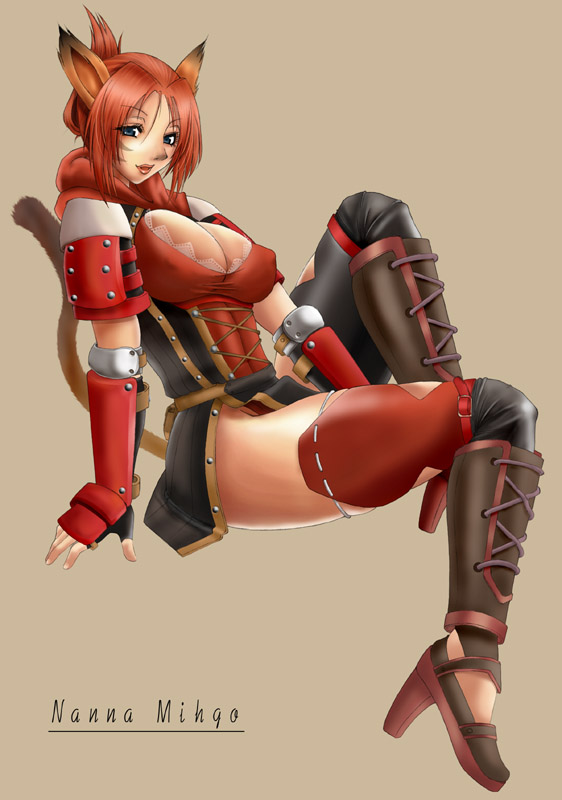 mithra (ff11), final fantasy, final fantasy xi, 00s, 1girl, animal ears, armor, blue eyes, breasts, cat ears, cat tail, cleavage, female focus, fingerless gloves, full body, game, gloves, high heels, nanna mihgo, red hair, shoes, short hair, simple background, solo, tail, tattoo, thighhighs