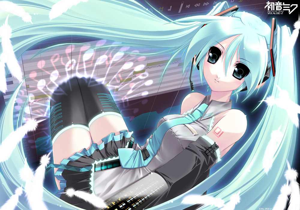 guilty troop factory, jian, hatsune miku, vocaloid, vocaloid2, uniform, 1girl, aqua necktie, arms at sides, black thighhighs, blouse, blue hair, character name, collared shirt, copyright name, eyes visible through hair, female focus, frilled shirt, frills, glowing, grey shirt, hair between eyes, long hair, necktie, shirt, sleeveless, sleeveless shirt, solo, tattoo, thighhighs, through medium, through screen, twintails, very long hair, zettai ryouiki
