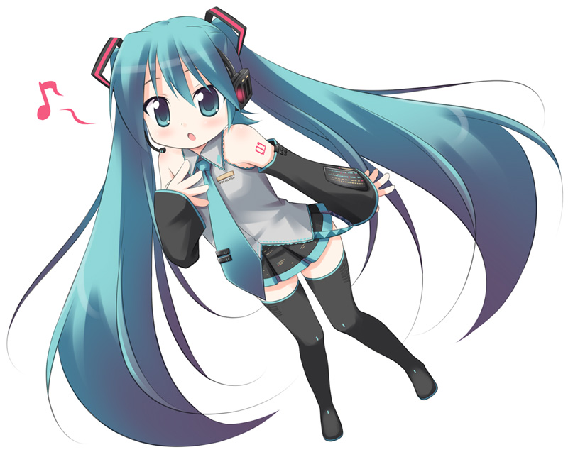kagura yuuki, hatsune miku, vocaloid, vocaloid2, 1girl, aqua hair, aqua necktie, black thighhighs, blouse, blush, boots, collared shirt, female focus, full body, grey shirt, hair between eyes, headphones, long hair, musical note, necktie, quaver, shirt, simple background, skirt, sleeveless, sleeveless shirt, solo, standing, tattoo, thigh boots, thighhighs, twintails, very long hair, white background, zettai ryouiki