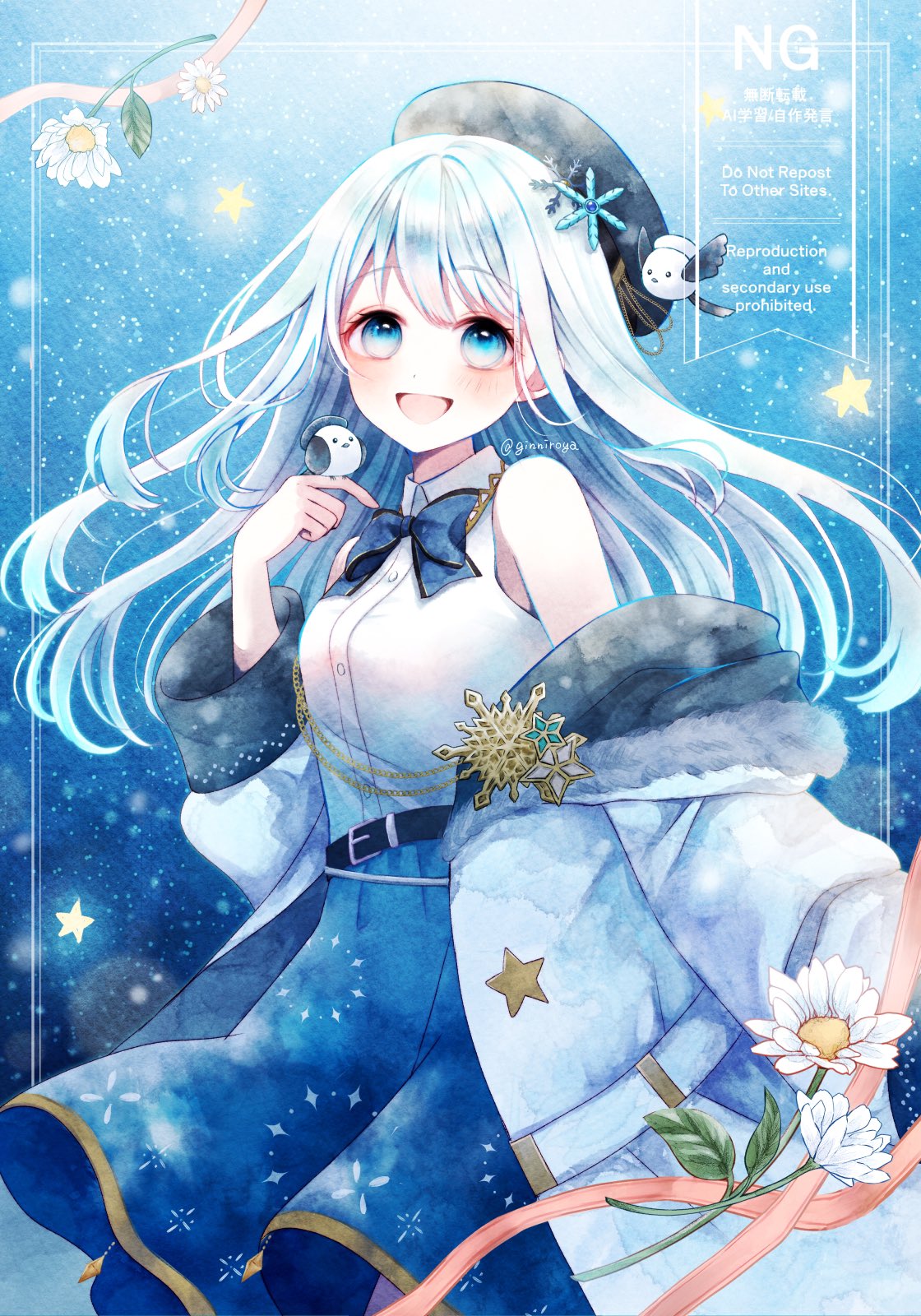 ginniroya, indie virtual youtuber, commentary, commission, highres, skeb commission, symbol-only commentary, 1girl, :d, bare shoulders, belt, bird, black belt, black hat, blue background, blue bow, blue bowtie, blue eyes, blue hair, blue skirt, blush, bow, bowtie, coat, collared shirt, cowboy shot, hat, hoshiumi rikka, long-tailed tit, long hair, long sleeves, looking at viewer, off shoulder, open clothes, open coat, open mouth, shirt, skirt, sleeveless, sleeveless shirt, smile, solo, star (symbol), tit (bird), virtual youtuber, watermark, white coat, white shirt