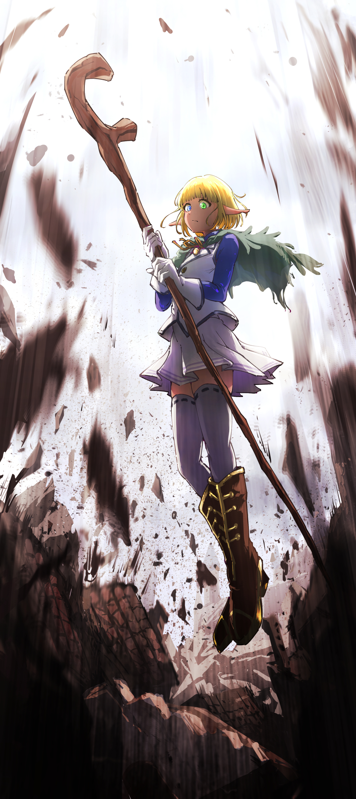 ninjin ika, mare bello fiore, overlord (maruyama), absurdres, highres, 1boy, backlighting, bell, blonde hair, blue eyes, blue shirt, bob cut, boots, brown boots, cape, crossdressing, crossdressing (mtf), dark-skinned male, dark elf, dark skin, debris, elf, fantasy, gloves, green cape, green eyes, heterochromia, holding, holding staff, long sleeves, male focus, miniskirt, neck bell, pointy ears, shirt, short cape, short hair, skirt, solo, staff, thighhighs, trap, vest, white gloves, white skirt, white thighhighs, white vest, zettai ryouiki
