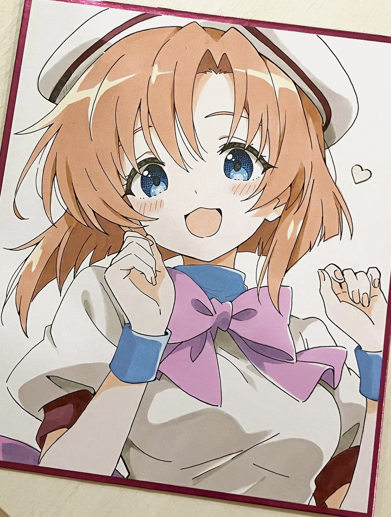 niyane, ryuuguu rena, higurashi no naku koro ni, commentary request, highres, traditional media, 1girl, :d, blue eyes, bow, bowtie, breasts, brown hair, dress, hands up, hat, heart, looking at viewer, medium breasts, medium hair, neck ribbon, open mouth, orange hair, parted bangs, pink bow, pink bowtie, puffy short sleeves, puffy sleeves, purple ribbon, ribbon, short sleeves, simple background, smile, solo, upper body, white background, white dress, white hat
