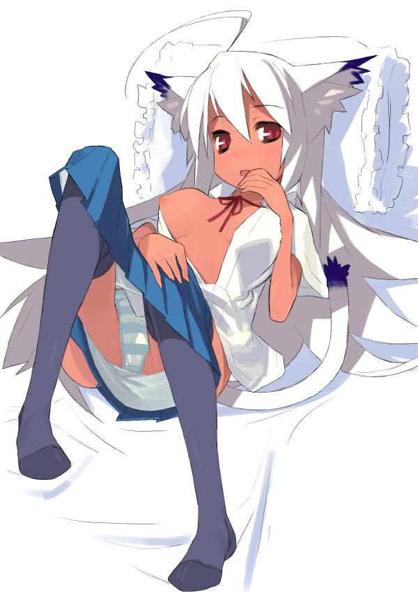 kusaka kokage, kokage-san, original, 1girl, animal ears, blush, breasts, cat ears, cat tail, dark-skinned female, dark skin, female focus, long hair, lying, medium breasts, nipple slip, nipples, open clothes, open shirt, panties, red eyes, shirt, skirt, solo, striped clothes, striped panties, tail, thighhighs, underwear, white hair