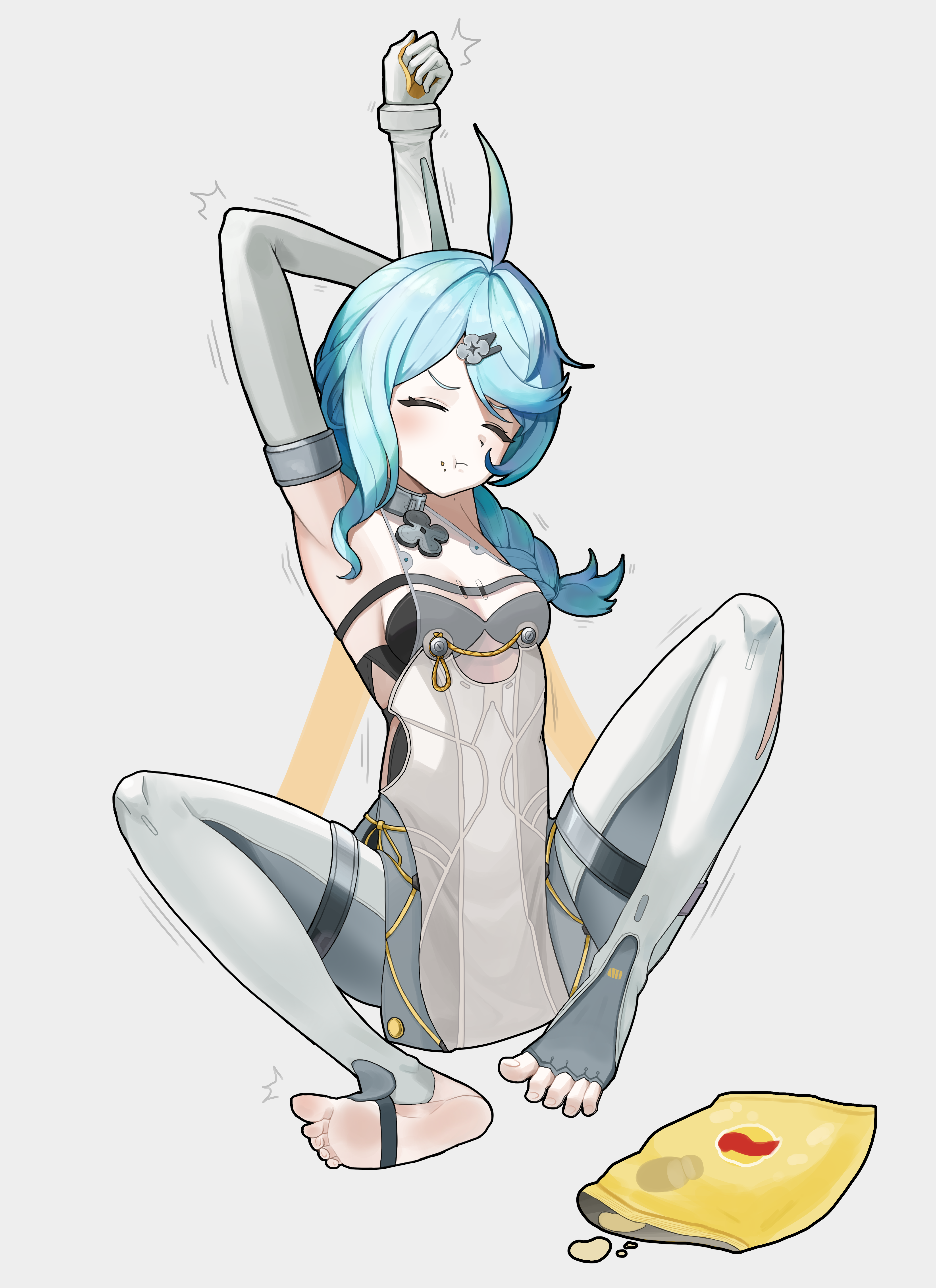 pyogo, seed (zenless zone zero), zenless zone zero, absurdres, highres, 1girl, :t, ahoge, armpits, arms up, black bra, blue hair, bra, braid, breasts, chips (food), closed eyes, facing viewer, feet, food, food on face, grey background, long hair, potato chips, see-through dress layer, simple background, solo, stirrup legwear, stretching, toeless legwear, underwear