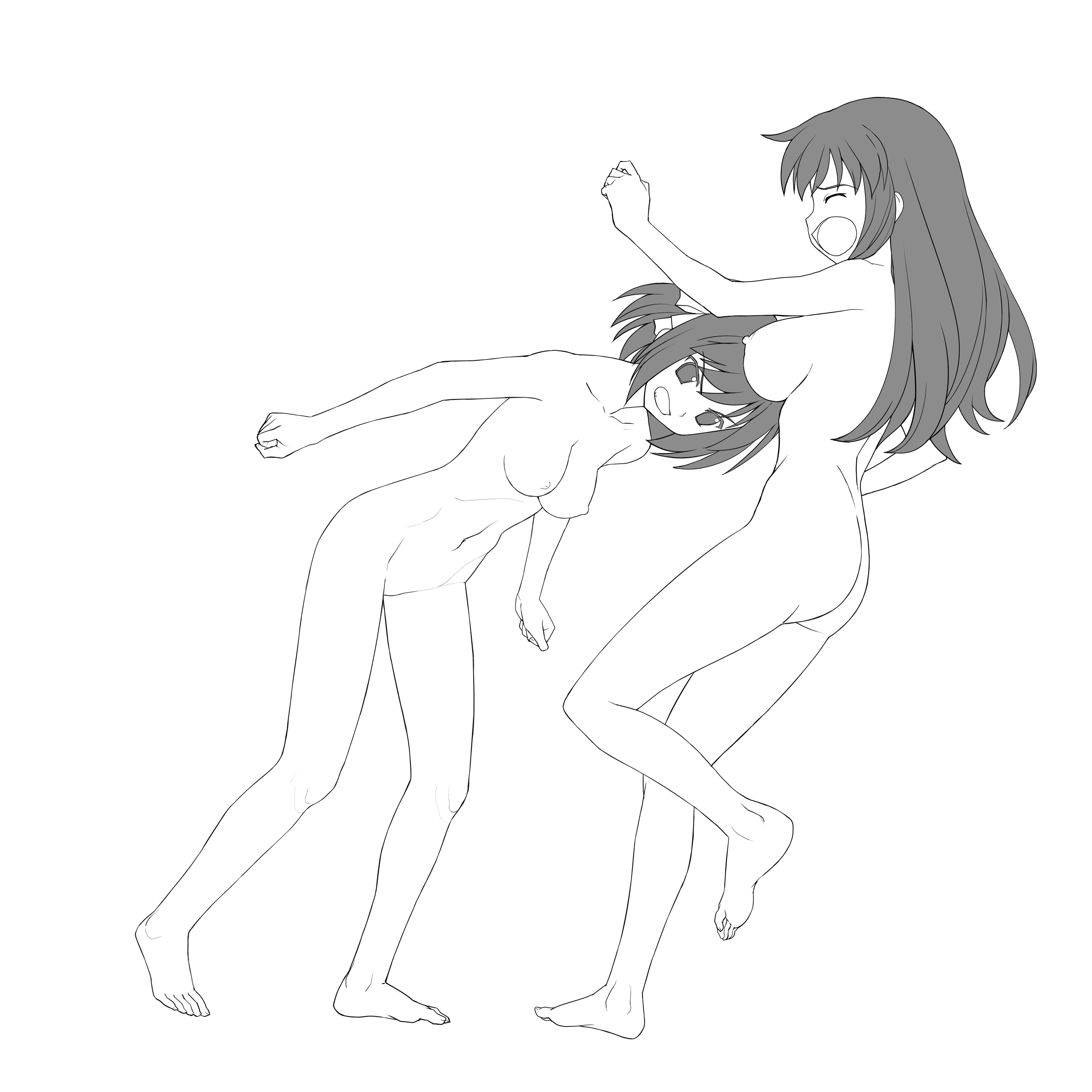 absurdres, highres, 2girls, breasts, long hair, monochrome, multiple girls, nude, short hair, yuri