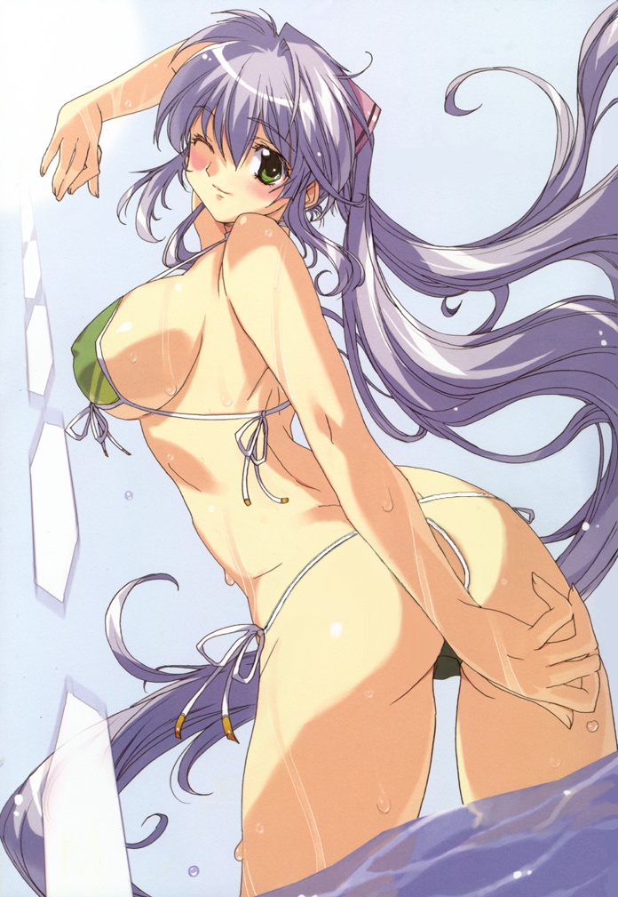 bikini, blush, breasts, long hair, swimsuit, water, wet