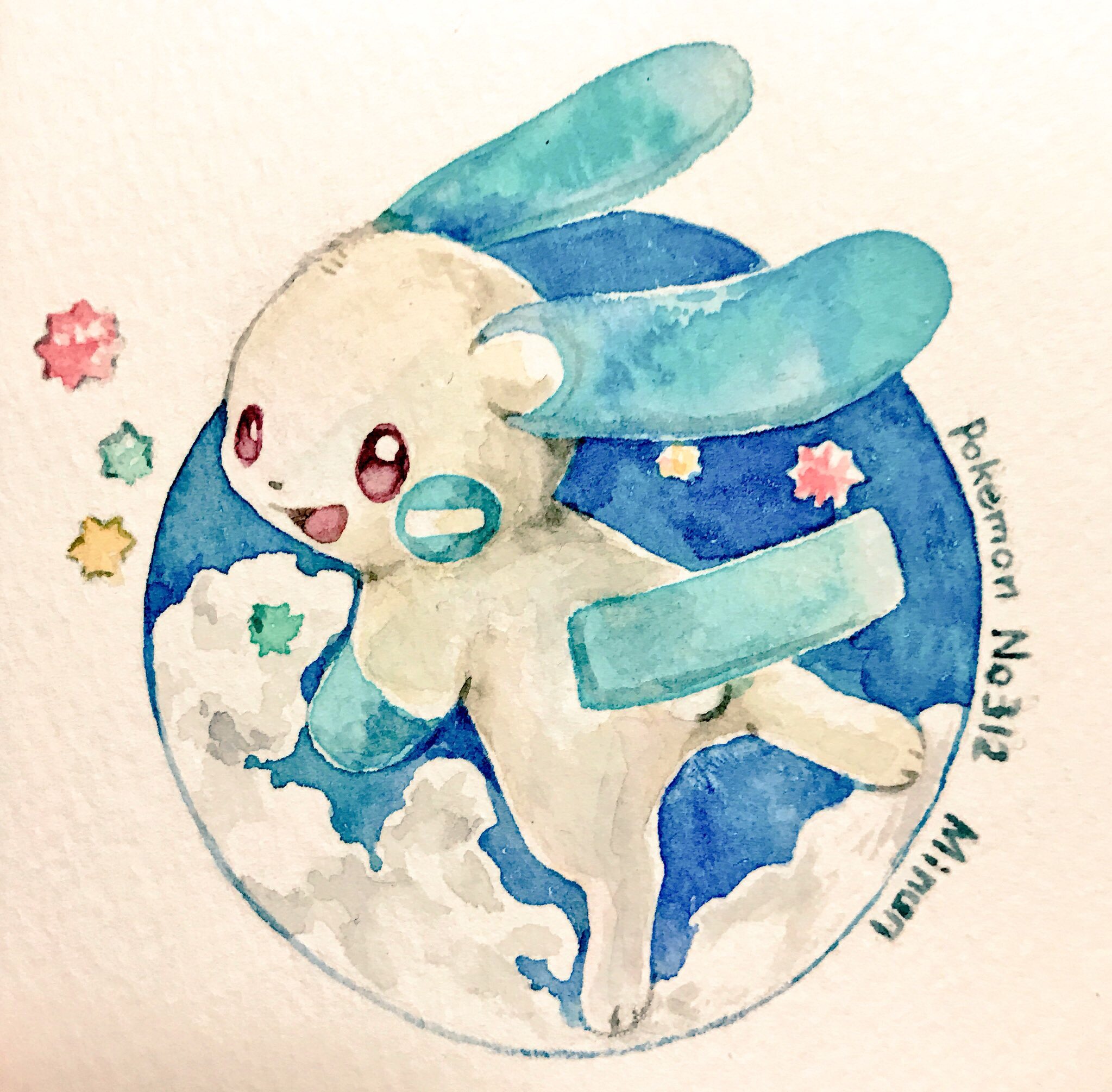 mint nappa, minun, nintendo, pokemon, commentary request, highres, painting (medium), traditional media, watercolor (medium), animal focus, candy, character name, cloud, copyright name, food, full body, gen 3 pokemon, looking back, no humans, open mouth, pokedex number, pokemon (creature), red eyes, simple background, solo