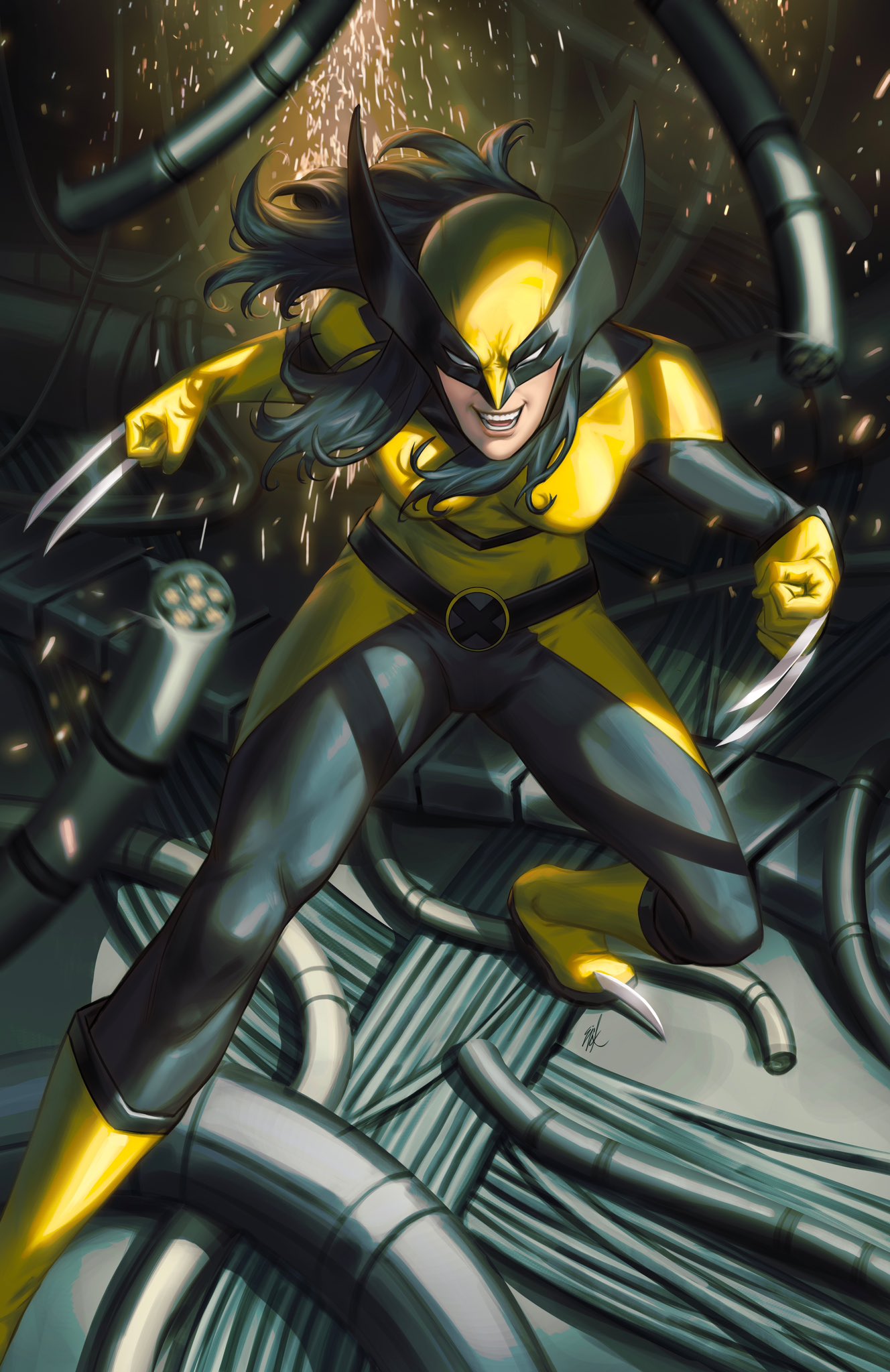 ejikure, laura kinney, wolverine (x-men), x-23, marvel, x-men, highres, 1girl, black bodysuit, black hair, bodysuit, boots, claws, long hair, looking at viewer, solo, sparks, superhero costume, two-tone bodysuit, yellow bodysuit, yellow boots