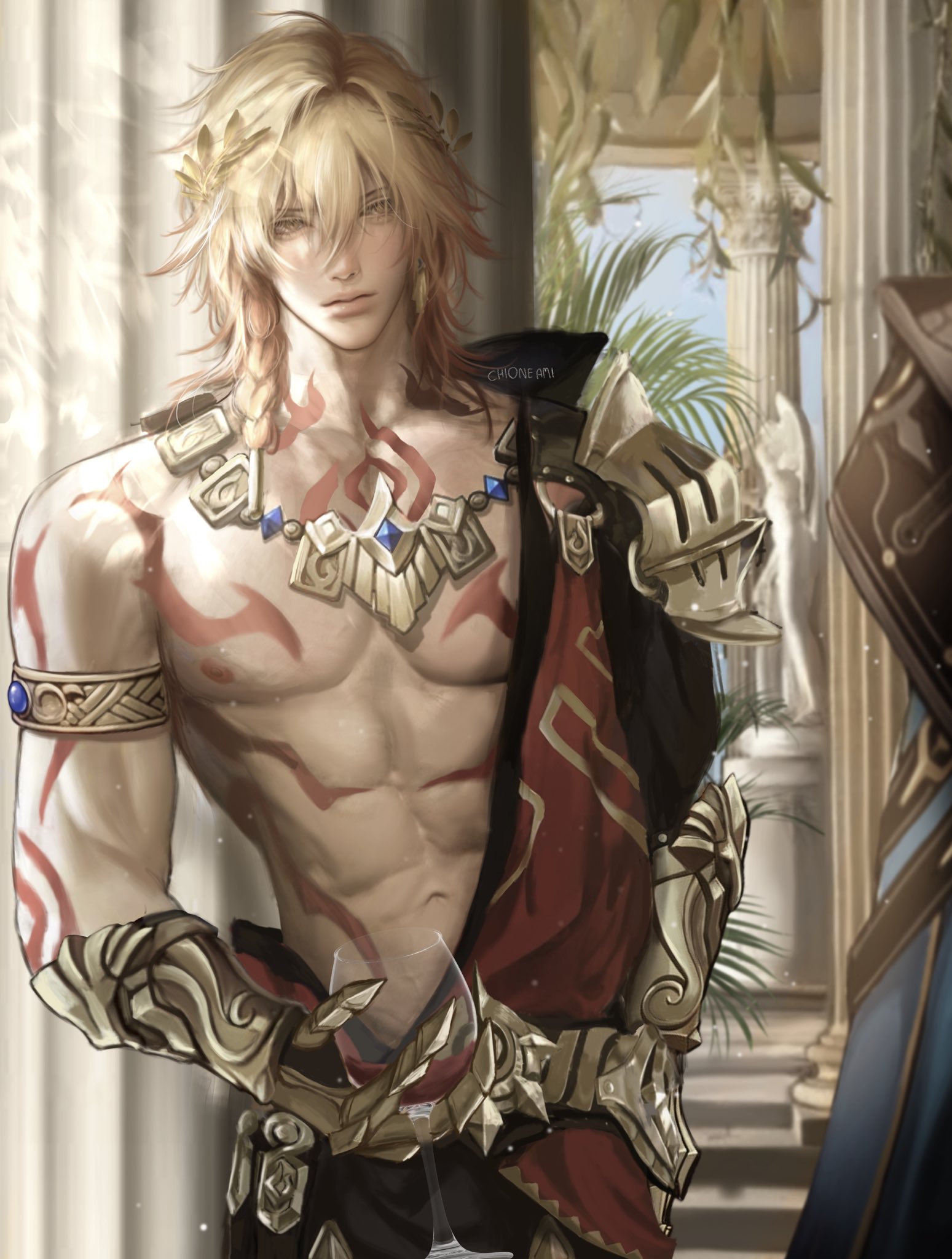 mydei (honkai: star rail), phainon (honkai: star rail), honkai: star rail, honkai (series), hashtag-only commentary, highres, 2boys, abs, architecture, arm tattoo, armlet, armor, black coat, blonde hair, blue cape, braid, cape, chest tattoo, chione ami, clawed gauntlets, coat, cup, earrings, facial tattoo, gold earrings, gold necklace, gradient hair, greco-roman architecture, hair between eyes, holding, holding cup, jewelry, laurel crown, male focus, medium hair, multicolored hair, multiple boys, necklace, open clothes, open coat, pauldrons, pillar, red hair, red tattoo, shoulder armor, side braid, single pauldron, tattoo, toned, toned male, yellow eyes