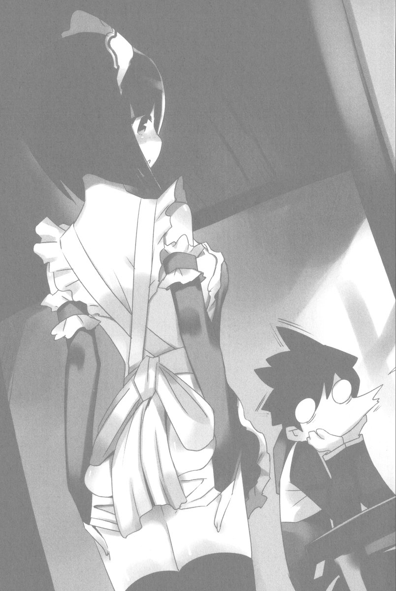 usatsuka eiji, hiraga saito, siesta (zero no tsukaima), zero no tsukaima, ass grab, highres, official art, 00s, 1boy, 1girl, apron, ass, black hair, blush, maid, maid headdress, monochrome, naked apron, nude, short hair, thighhighs