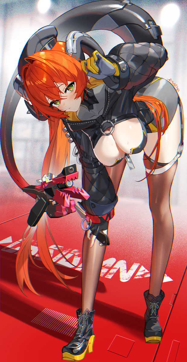 scottie (phantom2), magus (zenless zone zero), orphie magnusson, zenless zone zero, commentary request, highres, 1girl, bent over, black horns, black jacket, black shoes, breasts, brown thighhighs, cleavage, closed mouth, curled horns, gloves, green eyes, horns, jacket, long hair, looking at viewer, medium breasts, red hair, red pupils, shoes, solo, standing, sweat, tail, thighhighs, very long hair