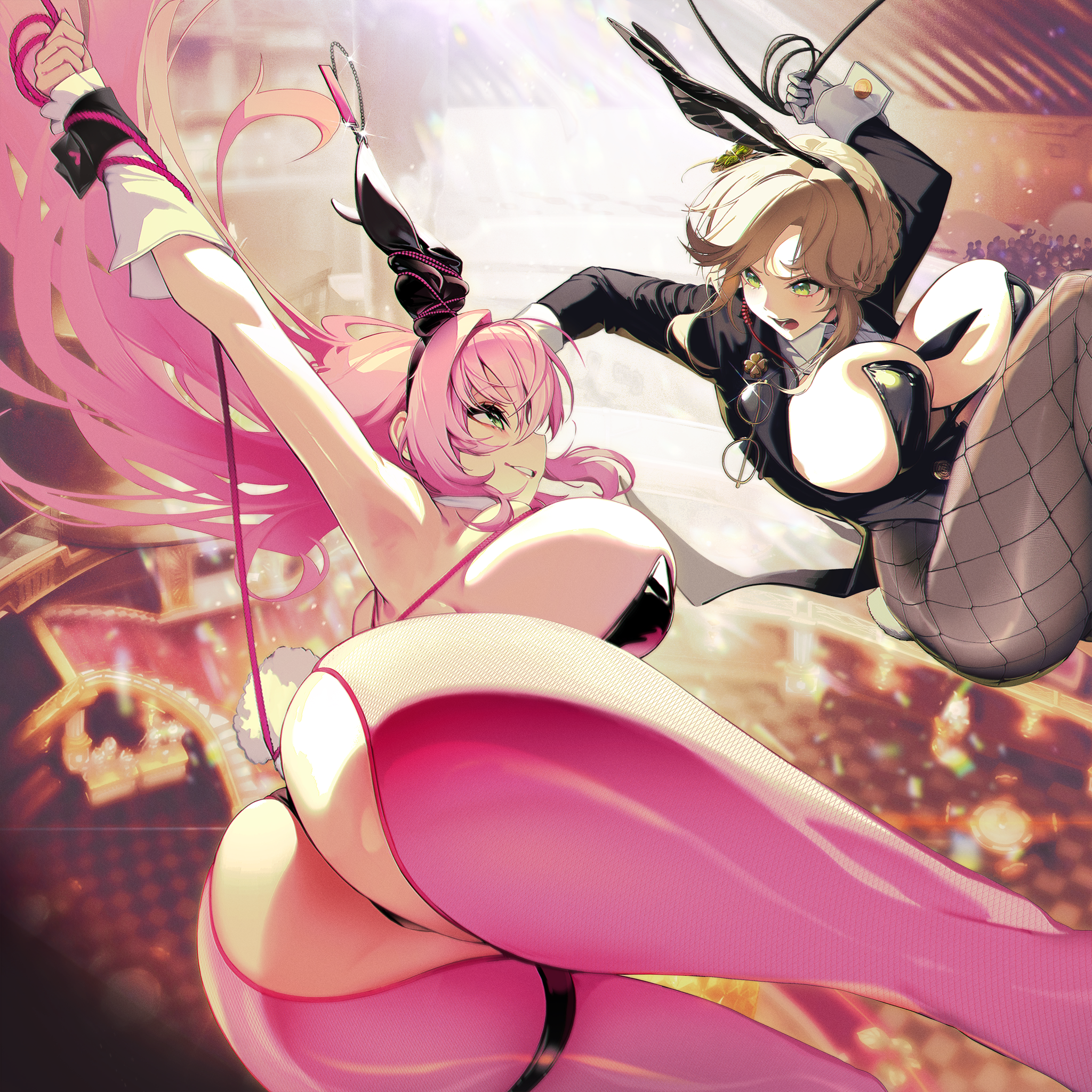 ade (agent bunny) (nikke), ade (nikke), goddess of victory: nikke, game cg, highres, non-web source, official art, spoilers, 2girls, animal ear hairband, animal ears, armpits, ass, between breasts, black leotard, black necktie, blonde hair, breasts, bun with braided base, clover, clover hair ornament, clover pin, fake animal ears, fishnet pantyhose, fishnets, four-leaf clover, four-leaf clover hair ornament, gloves, green eyes, hair bun, hair ornament, hairband, huge ass, huge breasts, leotard, medium sidelocks, midair, multiple girls, necktie, necktie between breasts, pantyhose, pink hair, pink pantyhose, playboy bunny, rabbit ear hairband, rabbit ears, rabbit tail, single hair bun, tail, thigh strap, undersized breast cup, unworn eyewear, velvet (nikke), white gloves