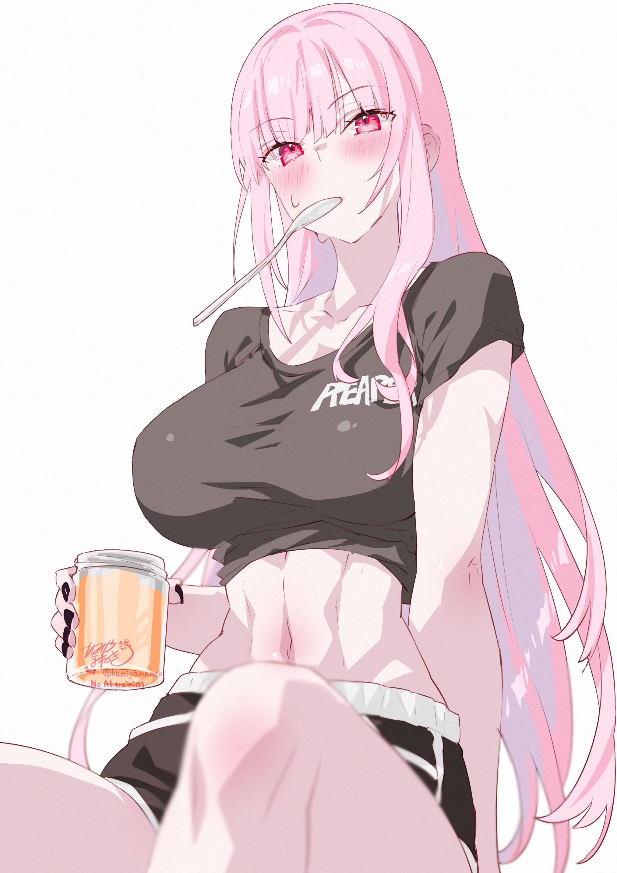 kamiya maneki, mori calliope, hololive, hololive english, absurdres, commentary, highres, 1girl, artist name, black nails, black shirt, black shorts, blush, breasts, collarbone, fingernails, holding, holding spoon, knees, large breasts, long hair, looking at viewer, midriff, mouth hold, nail polish, navel, pink eyes, pink hair, shirt, short sleeves, shorts, signature, simple background, solo, spoon, stomach, sweat, thighs, twitter username, virtual youtuber, white background