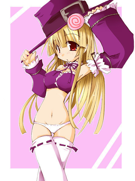 blush, breasts, candy, hat, long hair, midriff, panties, thighhighs, underwear