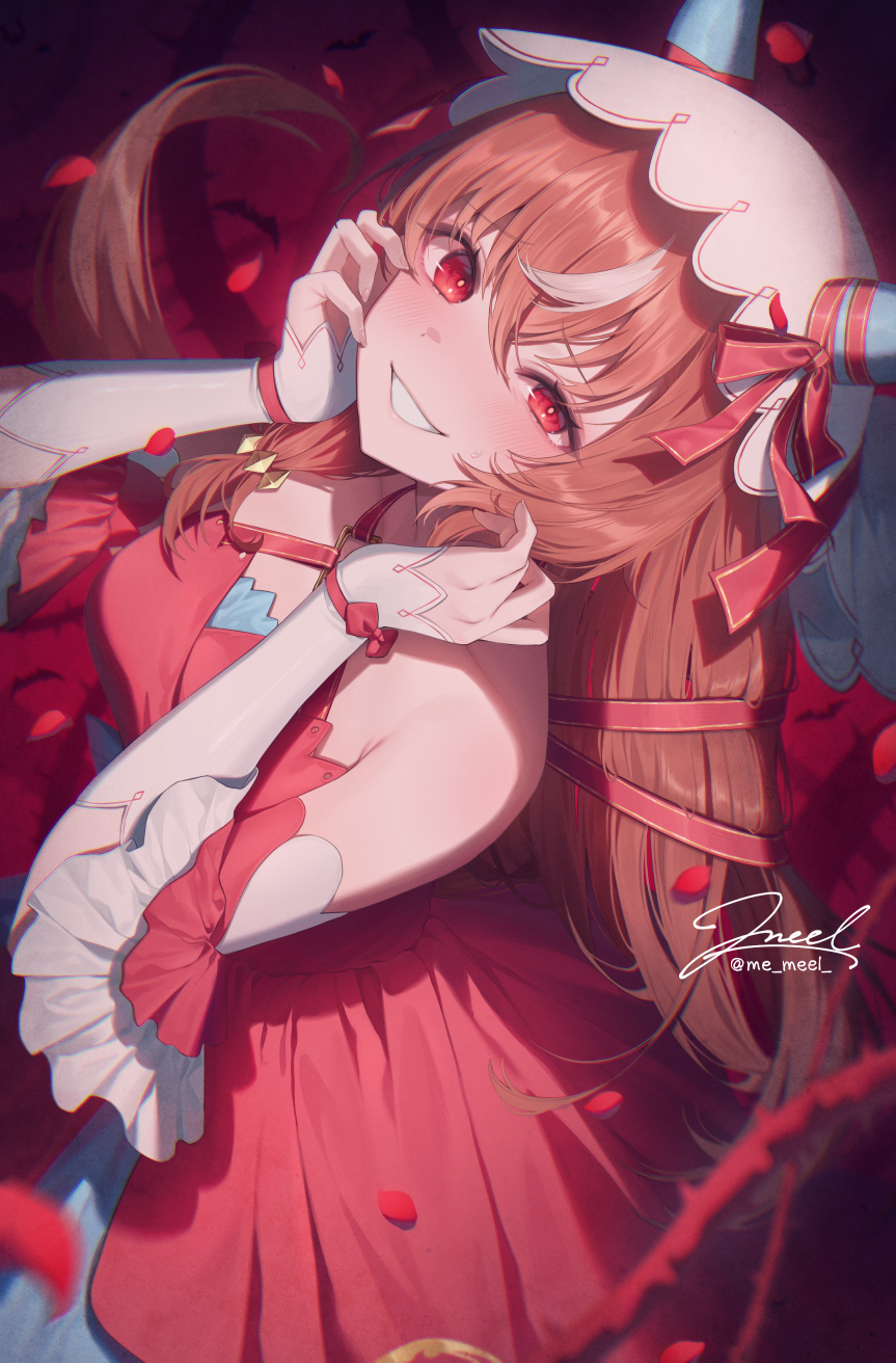 me meel, still in love (umamusume), umamusume, commentary request, highres, 1girl, animal ears, arched back, artist name, bare shoulders, blush, brown hair, dress, gloves, grin, hair between eyes, horse ears, horse girl, horse tail, long hair, looking at viewer, red dress, red eyes, red petals, red ribbon, ribbon, signature, smile, solo, tail, veil, white gloves, white streaks, white veil, yandere