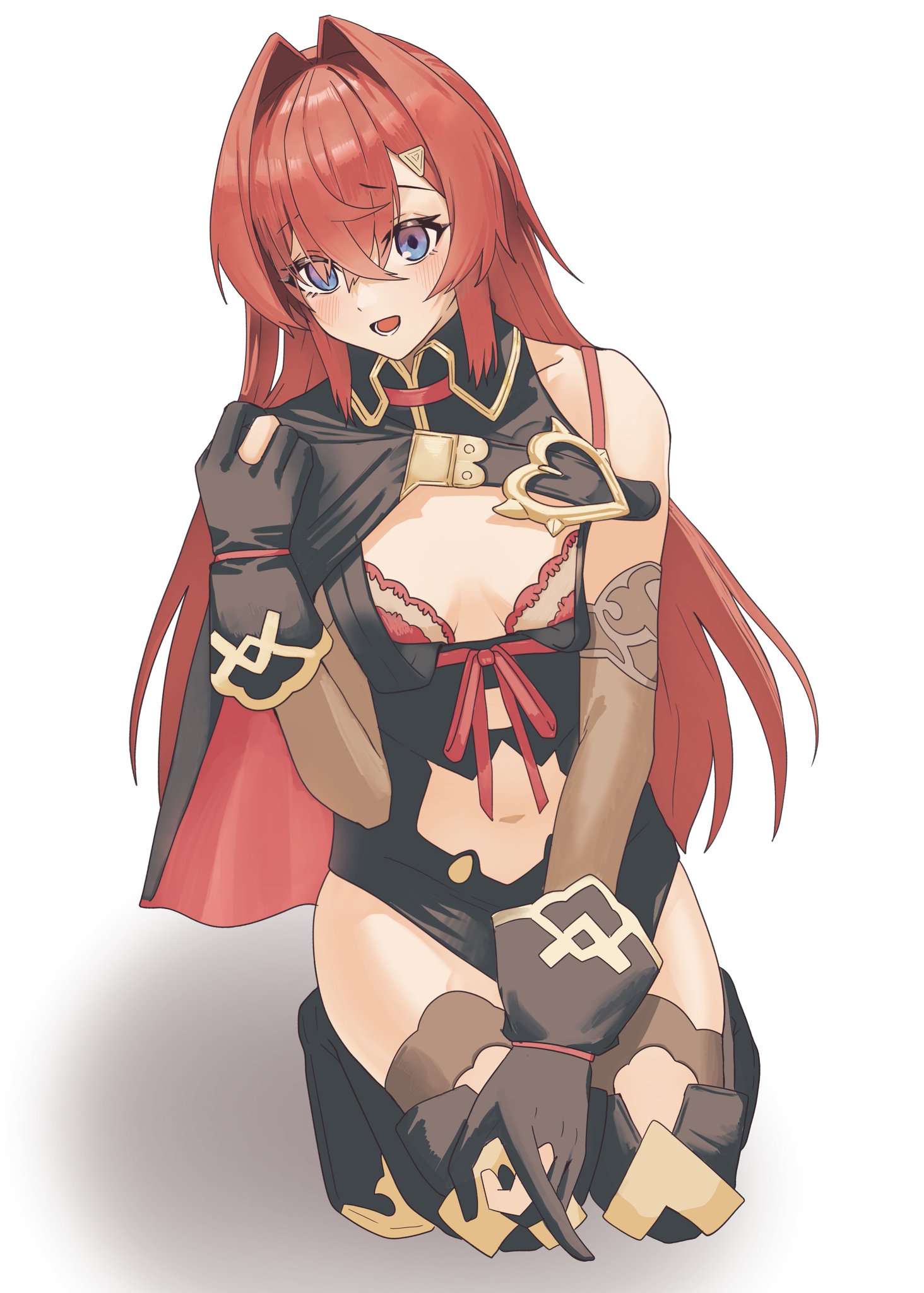 doidamon, ange katrina, nui sociere, nui sociere (1st costume), nijisanji, commentary request, highres, 1girl, :d, black boots, black cape, black dress, black gloves, blue eyes, boots, bra, breasts, brown sleeves, cape, cleavage cutout, clothing cutout, collared dress, cosplay, crossed bangs, detached sleeves, dress, full body, gloves, gradient eyes, hair between eyes, hair intakes, hair ornament, hand up, kneeling, long bangs, long hair, looking at viewer, lower teeth only, multicolored eyes, navel, navel cutout, nui sociere (cosplay), open mouth, oversized breast cup, partially fingerless gloves, purple eyes, raised inner eyebrows, red bra, red cape, red hair, red ribbon, ribbon, shadow, side cape, side slit, simple background, single bare shoulder, sleeveless, sleeveless dress, small breasts, smile, solo, teeth, thigh boots, triangle hair ornament, two-sided cape, two-sided fabric, underbust, underwear, very long hair, virtual youtuber, white background