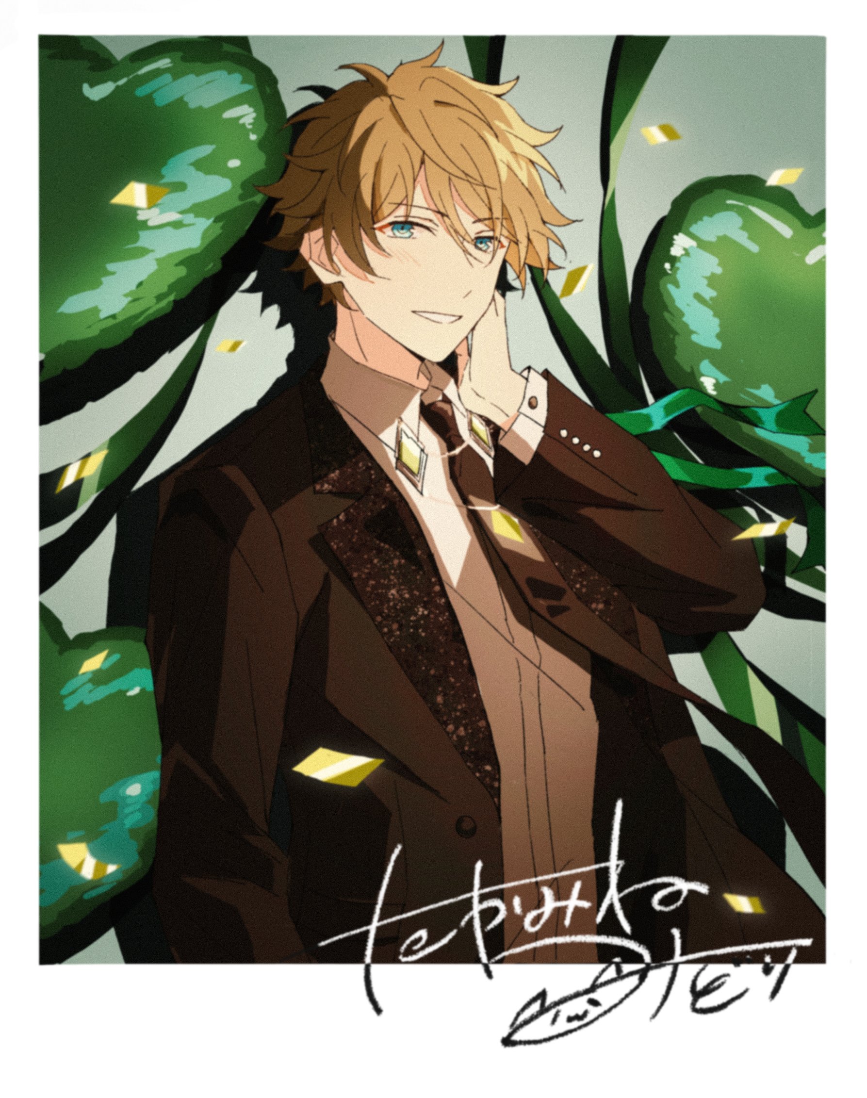 llmtmllmt, takamine midori, ensemble stars!, commentary, highres, 1boy, arm at side, balloon, black jacket, black necktie, border, brown hair, collared shirt, confetti, hand on own face, hand up, heart balloon, jacket, lapels, long sleeves, looking at viewer, male focus, necktie, notched lapels, shirt, smile, solo, teeth, upper body, white border