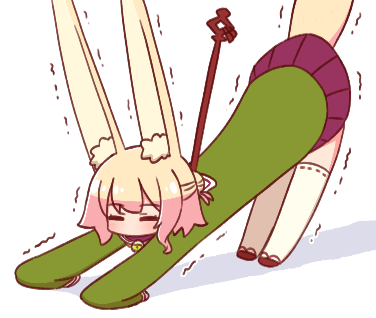 naga u, kemomimi-chan (naga u), original, 1girl, animal ear fluff, animal ears, bell, blonde hair, cat stretch, closed eyes, collar, fox ears, fox girl, fox tail, green shirt, hair bun, jingle bell, long sleeves, neck bell, pleated skirt, purple skirt, ribbon trim, shadow, shirt, single hair bun, skirt, sleeves past fingers, sleeves past wrists, stretching, tail, thighhighs, trembling, white background, white thighhighs