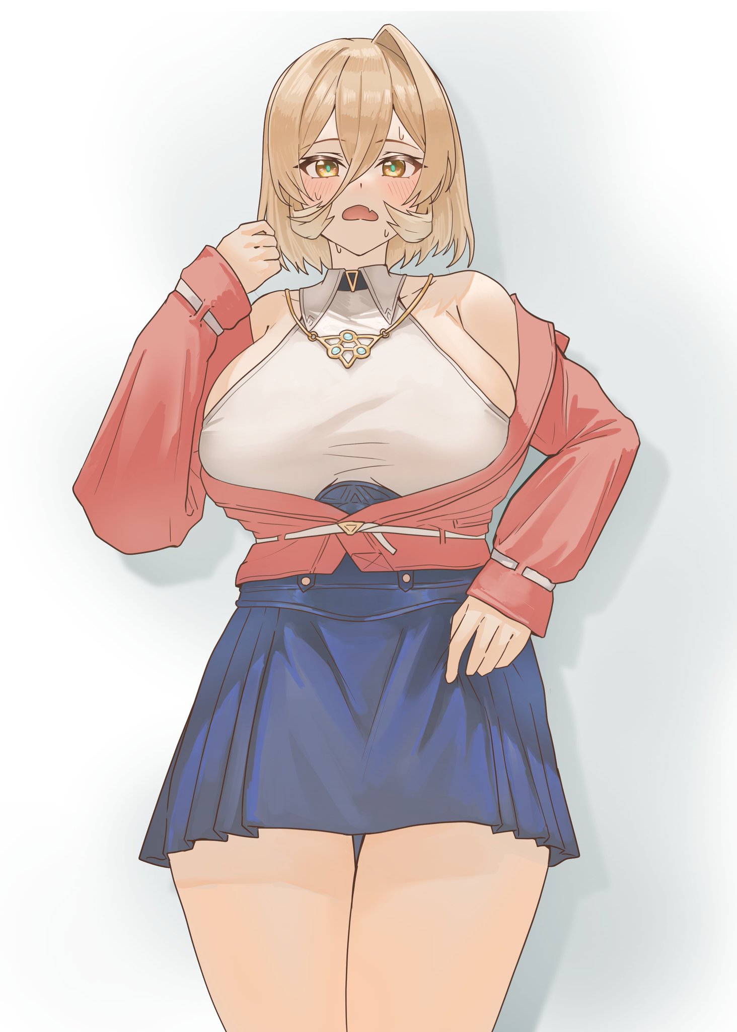doidamon, ange katrina, ange katrina (2nd costume), nui sociere, nijisanji, commentary request, highres, 1girl, alternate hairstyle, aqua pupils, armpit crease, bare shoulders, belt, blonde hair, blue skirt, blush, breasts, collarbone, collared shirt, cosplay, cowboy shot, drop shadow, fang, gold necklace, hair between eyes, halter shirt, halterneck, hand up, high-waist skirt, jacket, jewelry, large breasts, long bangs, long sleeves, looking at viewer, medium hair, miniskirt, necklace, open mouth, partially open jacket, pleated skirt, red jacket, shirt, shirt tucked in, sideboob, single hair intake, skin fang, skirt, skirt hold, sleeveless, sleeveless shirt, solo, sweat, undersized clothes, virtual youtuber, white background, white belt, white shirt, yellow eyes
