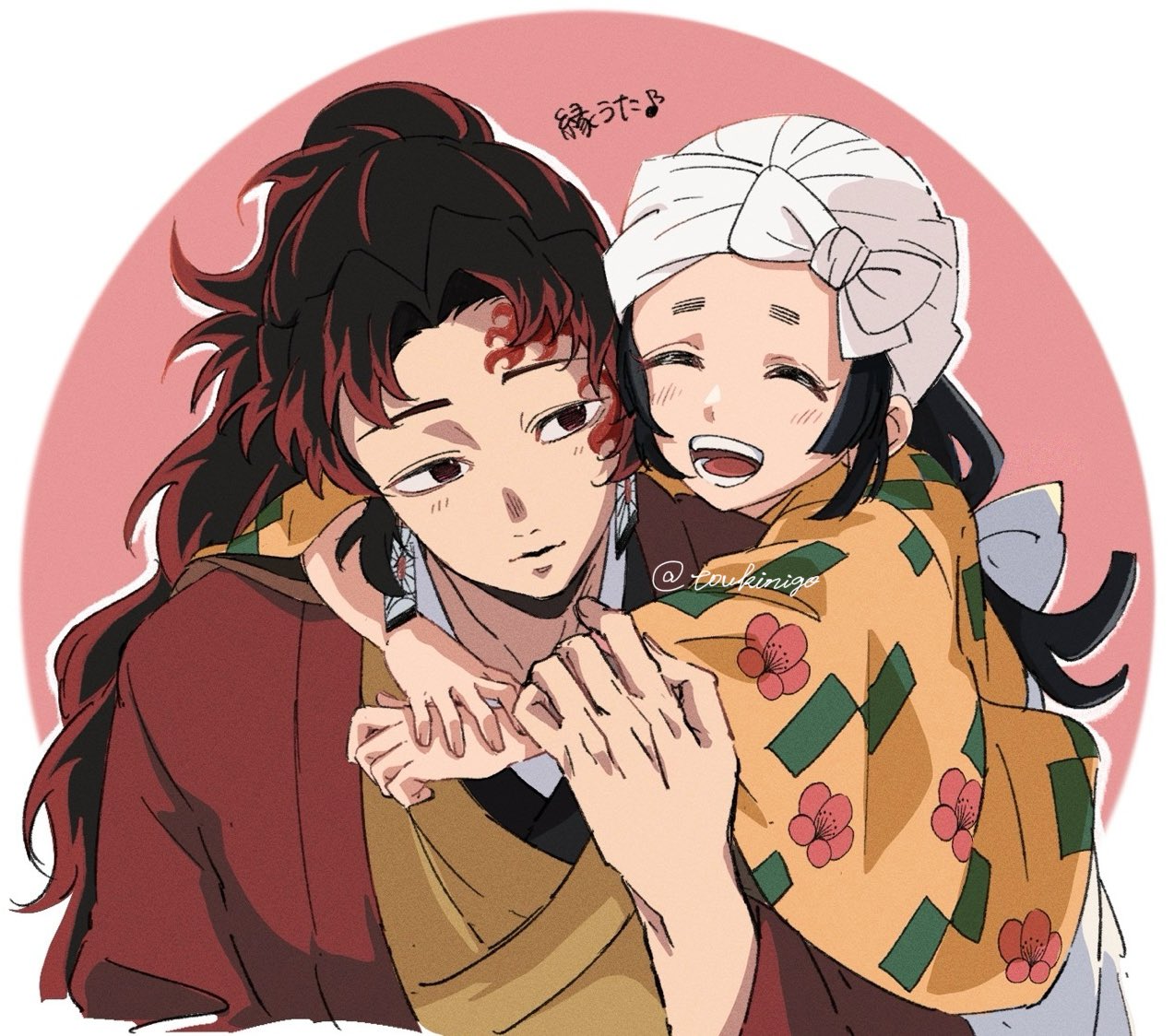 tamayo (kimetsu no yaiba), tsugikuni yoriichi, kimetsu no yaiba, 1boy, 1girl, black hair, closed eyes, closed mouth, cropped torso, earrings, empty eyes, facial tattoo, hanafuda earrings, hand up, haori, high ponytail, hug, japanese clothes, jewelry, kimono, long hair, looking at another, looking to the side, open mouth, ponytail, red hair, red haori, red tattoo, smile, tattoo, teeth, toukinigo, twitter username, upper body, yellow kimono