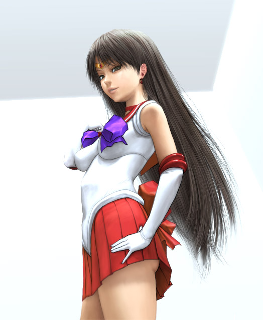 hino rei, sailor mars, bishoujo senshi sailor moon, 1990s (style), 1girl, ass, black hair, bow, breasts, brown eyes, earrings, elbow gloves, female focus, gloves, indoors, jewelry, lips, long hair, piercing, realistic, skirt, solo