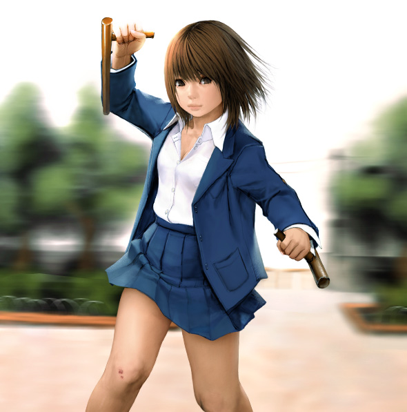 black eyes, brown hair, school uniform, serafuku, shirt, short hair, skirt, tonfa, weapon, white shirt