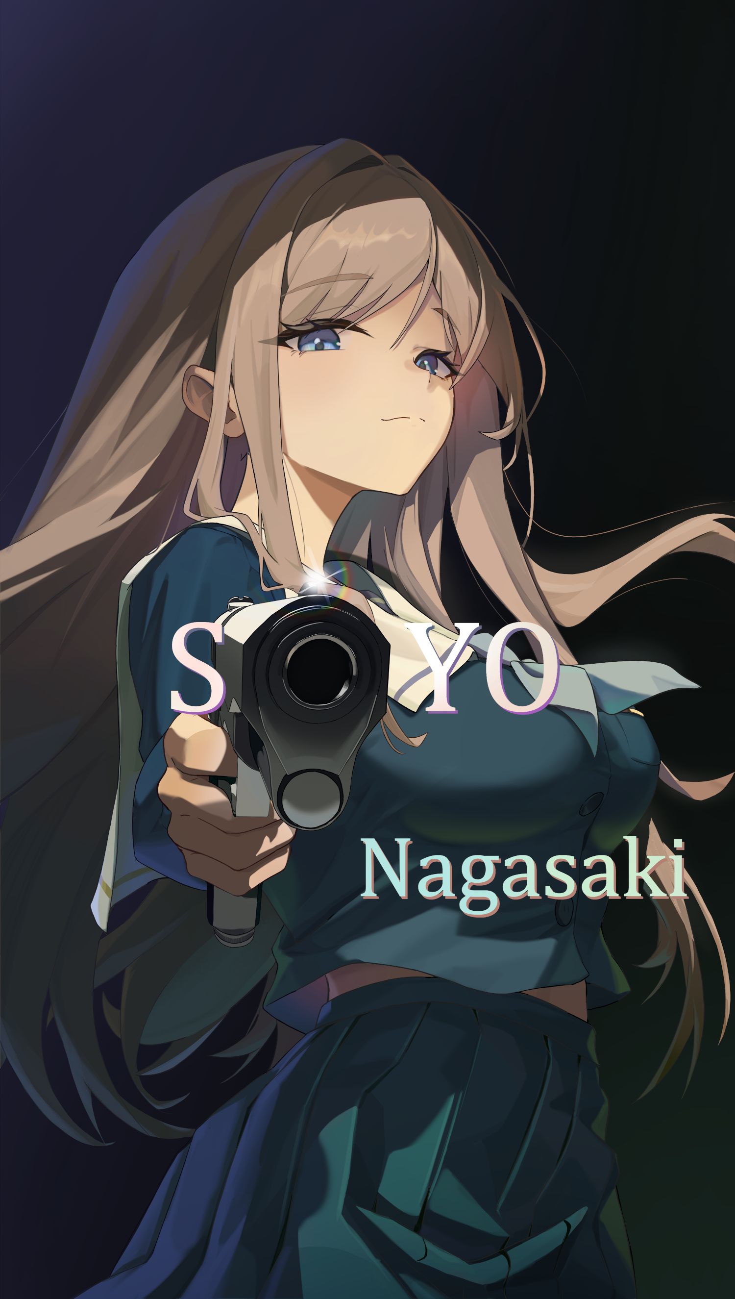 haohaomaster, nagasaki soyo, bang dream!, bang dream! it's mygo!!!!!, absurdres, commentary request, highres, 1girl, aqua neckerchief, black shirt, black skirt, blue eyes, breasts, brown hair, character name, closed mouth, gun, handgun, holding, holding gun, holding weapon, large breasts, light smile, long hair, long sleeves, looking at viewer, m1911, neckerchief, pleated skirt, pointing, pointing at viewer, sailor collar, school uniform, shirt, skirt, solo, tsukinomori school uniform, weapon, white sailor collar