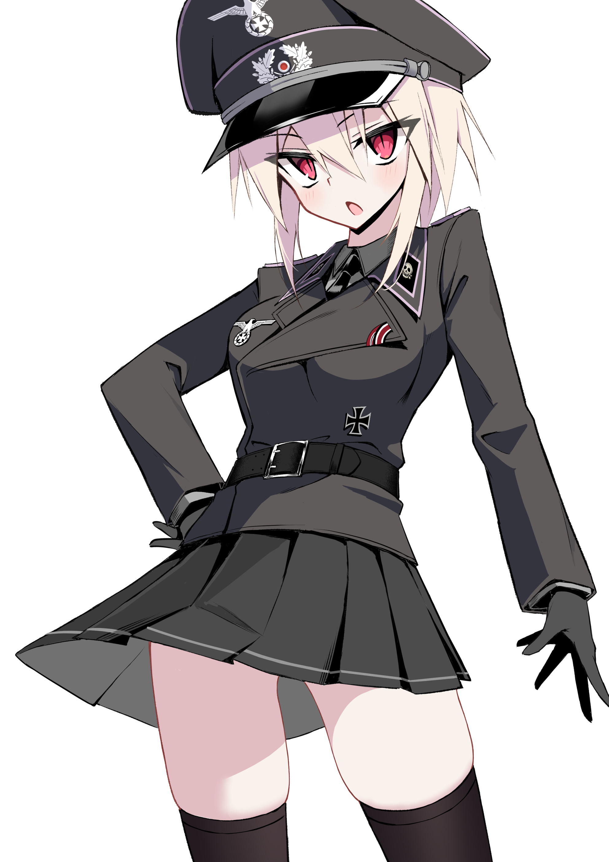 jiseki rena, original, absurdres, highres, 1girl, belt, black gloves, black jacket, black necktie, black skirt, blonde hair, cross, gloves, hand on own hip, hat, iron cross, jacket, looking at viewer, military hat, military uniform, nazi, necktie, peaked cap, red eyes, reichsadler, rena (jiseki rena), short hair, skirt, slit pupils, solo, thighhighs, thighs, totenkopf, tsurime, white background, zettai ryouiki