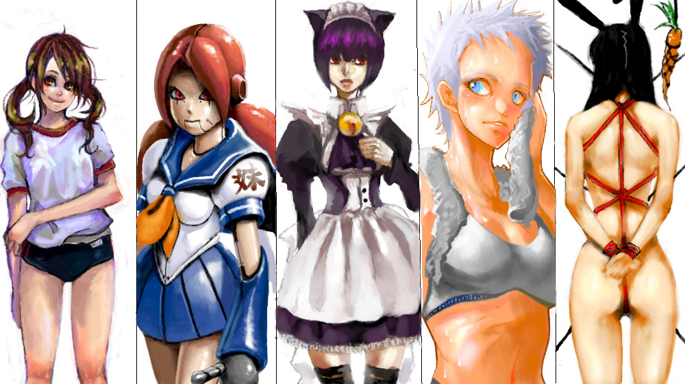 5girls, animal ears, apron, ass, bdsm, bell, black hair, bloomers, blue eyes, bondage, bound, bra, breasts, brown eyes, brown hair, cat ears, dress, female focus, long hair, maid, maid apron, mecha, multiple girls, necktie, no panties, nude, purple hair, rabbit ears, red eyes, red hair, robot, school uniform, serafuku, short hair, skirt, standing, thighhighs, twintails, underwear, white background, white hair