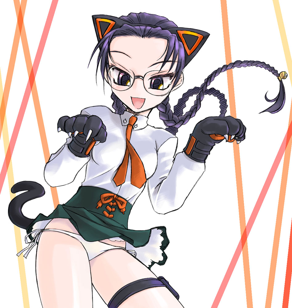 animal ears, bell, blouse, braid, cat ears, glasses, gloves, long hair, necktie, panties, plait, purple eyes, purple hair, shirt, side-tie panties, skirt, twintails, underwear, white shirt