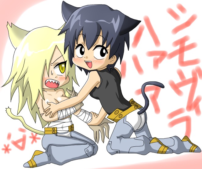 simon (ttgl), viral (ttgl), tengen toppa gurren lagann, gender request, 00s, animal ears, bandages, black eyes, blonde hair, blue hair, cat ears, chibi, genderswap, long hair, short hair, yellow eyes, yuri