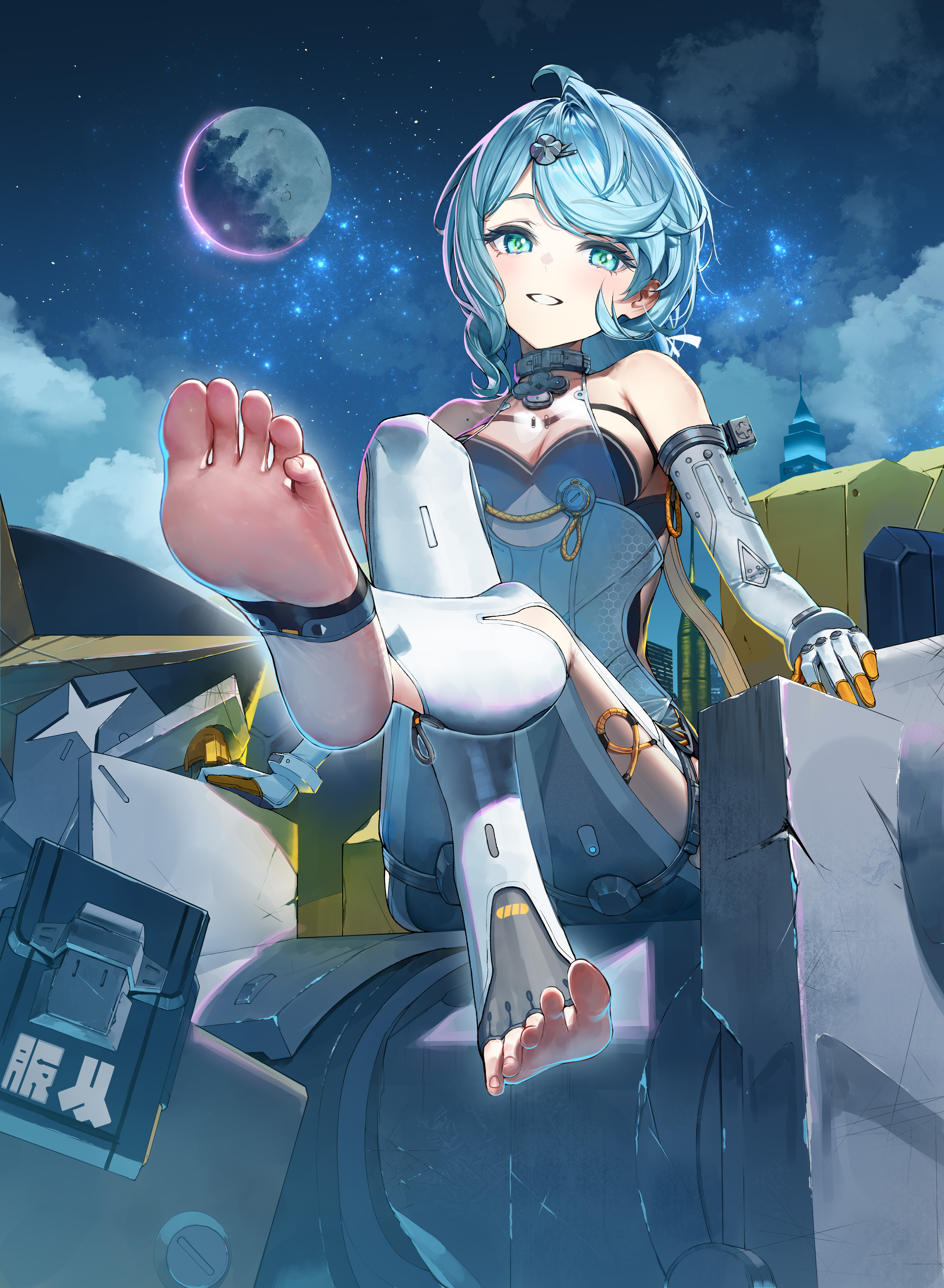 heirou, seed (zenless zone zero), seed sr., zenless zone zero, absurdres, highres, 1girl, bare shoulders, blue eyes, blue hair, blush, braid, braided ponytail, breasts, collar, dress, elbow gloves, feet, gloves, grin, hair ornament, looking at viewer, mecha, medium breasts, medium hair, moon, night, night sky, pantyhose, robot, see-through cleavage, see-through clothes, short dress, side slit, sky, smile, soles, stirrup legwear, swept bangs, toeless legwear, white dress, white gloves, white pantyhose