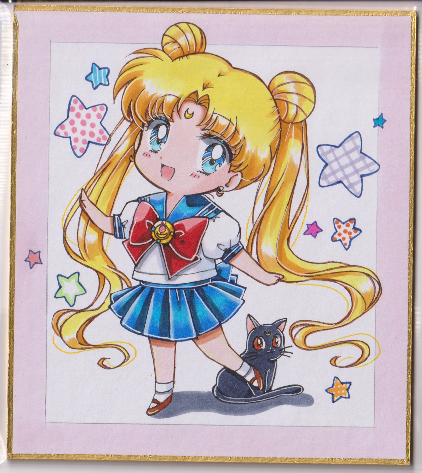 chikoto (kztc4472), luna (sailor moon), tsukino usagi, bishoujo senshi sailor moon, commentary, highres, traditional media, 1girl, :d, black cat, blonde hair, blue eyes, blue sailor collar, blue skirt, blush, border, bow, bowtie, brown shoes, cat, chibi, chibi only, double bun, full body, hair bun, long hair, looking at viewer, open mouth, outside border, parted bangs, pink border, pleated skirt, puffy sleeves, red bow, red bowtie, red shoes, sailor collar, school uniform, serafuku, shadow, shirt, shoes, short sleeves, simple background, skirt, smile, socks, solo, standing, standing on one leg, star (symbol), twintails, very long hair, white background, white shirt, white socks