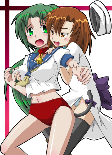 miyakodori takayuki, ryuuguu rena, sonozaki mion, higurashi no naku koro ni, black legwear, 00s, 2girls, bell, bow, breasts, brown hair, buruma, cat tail, collar, female focus, grabbing another's breast, green eyes, green hair, groping, hat, long hair, multiple girls, navel, necktie, open mouth, panties, ponytail, school uniform, serafuku, short hair, simple background, tail, thighhighs, underwear, white background, yellow eyes, yuri