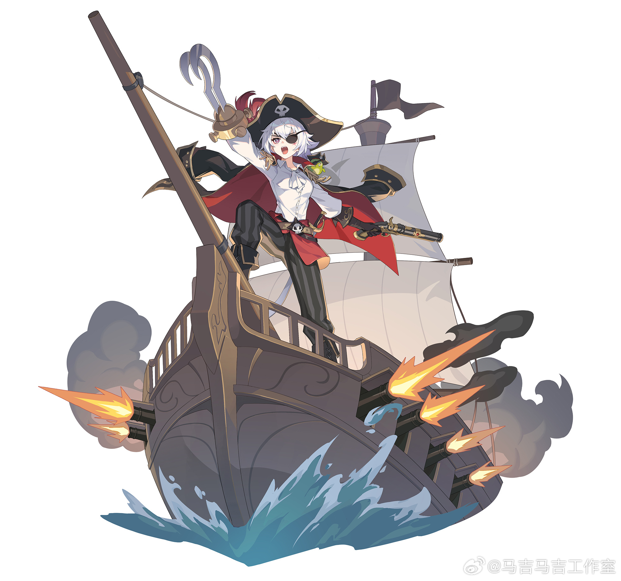 majimaji studio, higan: eruthyll, chinese commentary, highres, official art, 1girl, alternate costume, animal, animal on shoulder, antique firearm, arm up, ascot, belt, bicorne, bird, bird on shoulder, black boots, black coat, black gloves, black hat, black pants, boots, breasts, brown belt, calin (higan: eruthyll), cannon, captain morgan pose, clothed animal, coat, coat on shoulders, collared shirt, cuirass, epaulettes, eyepatch, feet out of frame, firearm, firelock, firing, flintlock, fold-over boots, gloves, gun, hair between eyes, hat, hat feather, holding, holding gun, holding weapon, hook hand, lace-up boots, looking ahead, medium breasts, military vehicle, open mouth, pants, pink eyes, pirate, pirate hat, red coat, scar, scar on face, ship, ship of the line, shirt, short hair, single glove, skull ornament, skull print, solo, standing, stepping, striped clothes, striped pants, two-sided coat, two-sided fabric, vertical-striped clothes, vertical-striped pants, waist cape, warship, water, watercraft, watermark, weapon, weibo watermark, white ascot, white background, white hair, white shirt