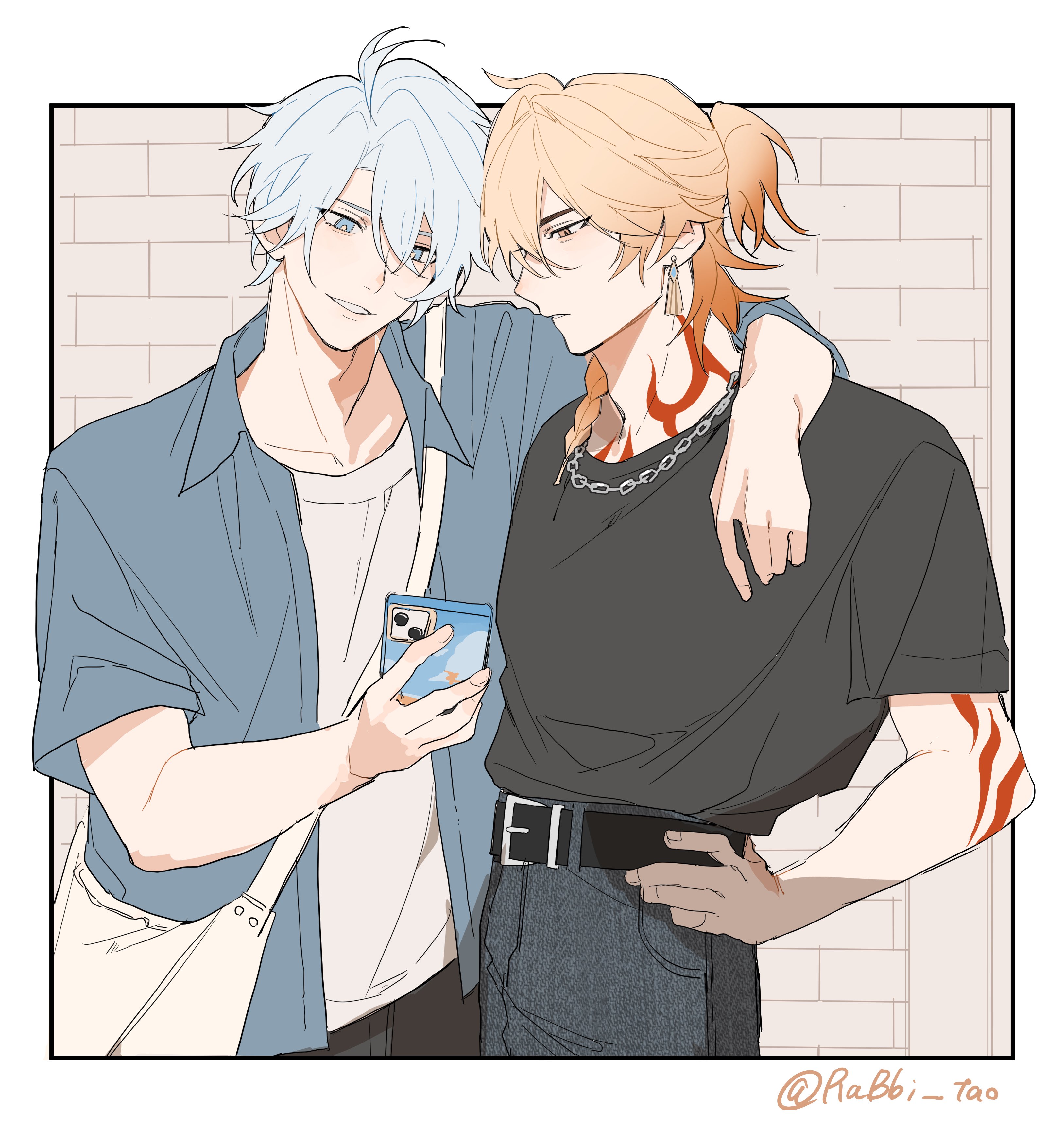 mydei (honkai: star rail), phainon (honkai: star rail), honkai: star rail, honkai (series), absurdres, commentary request, highres, 2boys, antenna hair, arm around shoulder, belt, black belt, black pants, black shirt, blonde hair, blue eyes, blue shirt, braid, cellphone, collared shirt, denim, facial tattoo, gradient hair, hair between eyes, holding, holding phone, jeans, medium hair, multicolored hair, multiple boys, neck tattoo, pants, parted bangs, phone, rabbi tao, red hair, red tattoo, shirt, short hair, short sleeves, side braid, smartphone, tattoo, twitter username, white bag, white hair, white shirt, yellow eyes