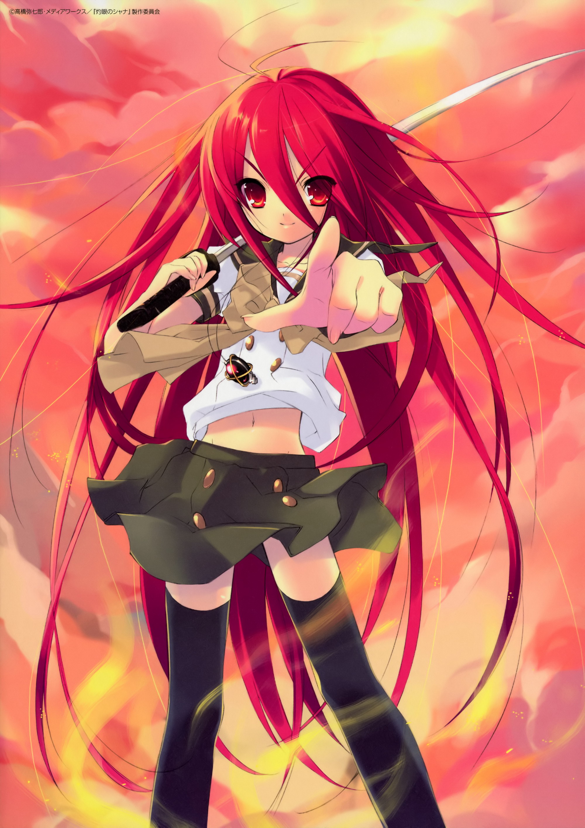 ito noizi, shana, shakugan no shana, absurdres, highres, 00s, blush, long hair, midriff, school uniform, serafuku, thighhighs