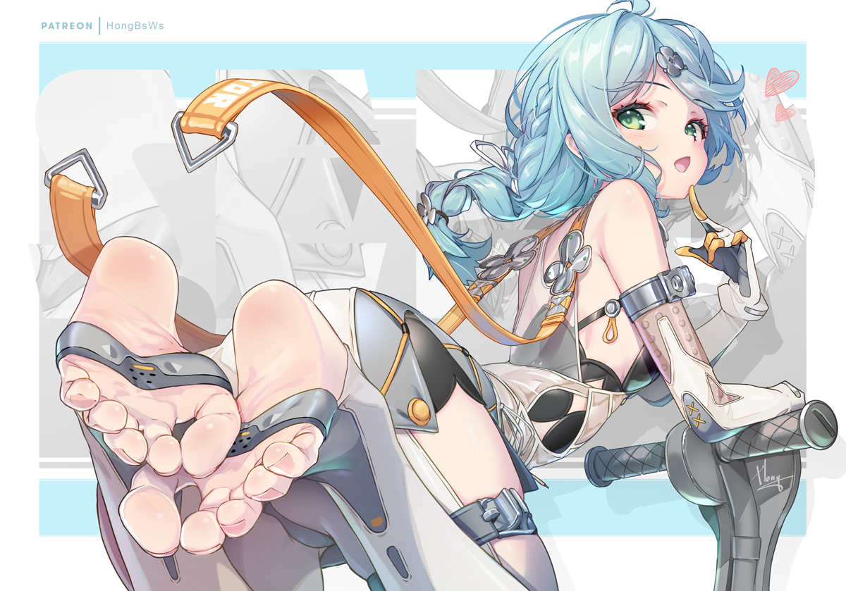 hong (white spider), seed (zenless zone zero), zenless zone zero, highres, 1girl, barefoot, blue hair, feet, green eyes, light blush, long hair, looking at viewer, open mouth, soles, stirrup legwear, toeless legwear, toes