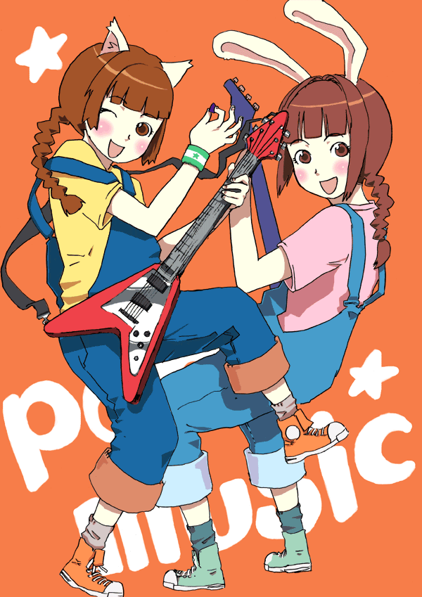 animal ears, armband, blush, braid, brown eyes, cat ears, cuffs, guitar, instrument, long hair, overalls, plait, rabbit ears, shoes, sneakers, socks