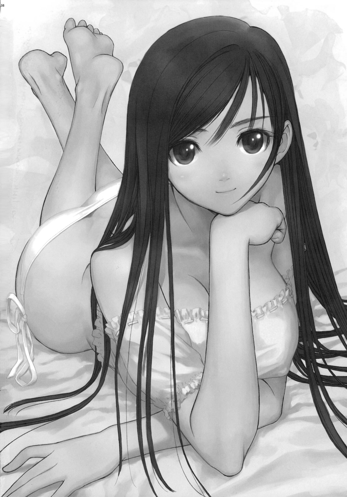 tony taka, highres, 1girl, blush, breasts, female focus, gradient background, long hair, midriff, monochrome, panties, solo, underwear