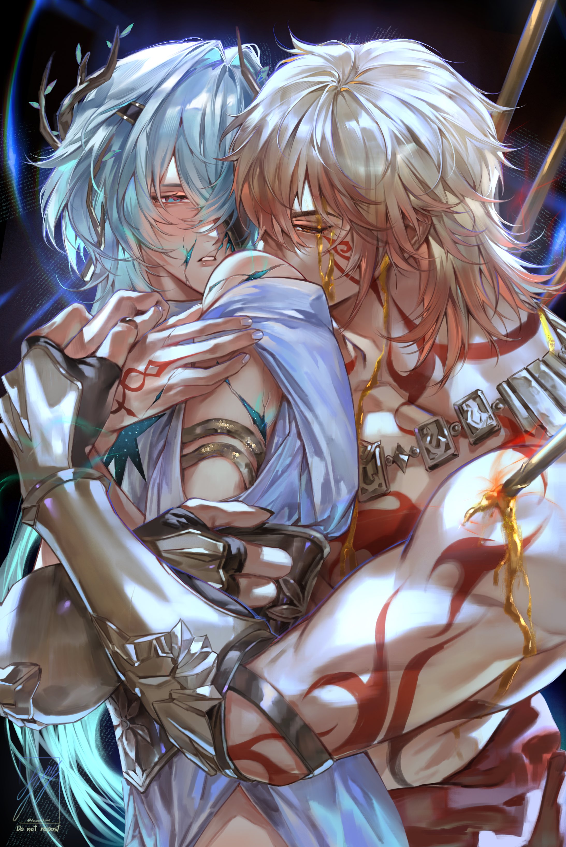 anaxa (honkai: star rail), mydei (honkai: star rail), honkai: star rail, honkai (series), absurdres, commentary request, highres, 2boys, aqua eyes, aqua hair, arm tattoo, bare pectorals, blonde hair, braid, chest tattoo, clawed gauntlets, facial tattoo, gold necklace, gradient hair, hair between eyes, hair intakes, hair over shoulder, hand tattoo, hug, jewelry, long hair, low ponytail, male focus, medium hair, multicolored hair, multiple boys, muscular, muscular male, necklace, ocmari21140, parted lips, pectorals, ponytail, red hair, red tattoo, robe, side braid, stab, tattoo, thai commentary, white robe, yaoi, yellow blood, yellow eyes
