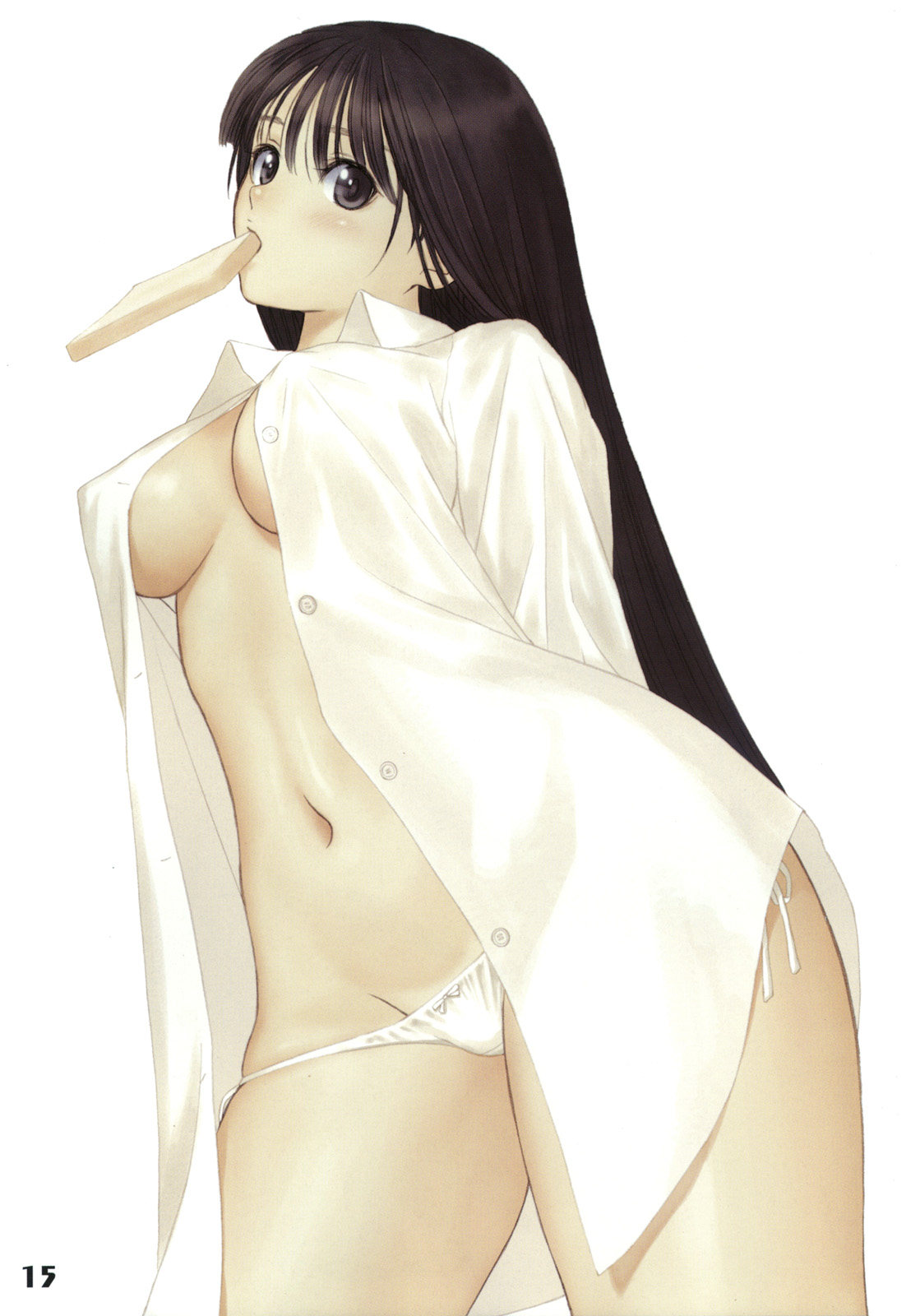tony taka, highres, 1girl, black eyes, black hair, blush, bread, bread slice, breasts, covered erect nipples, dress shirt, female focus, food, food in mouth, long hair, lowleg, lowleg panties, mouth hold, no bra, open clothes, open shirt, panties, shirt, side-tie panties, solo, toast, toast in mouth, underwear