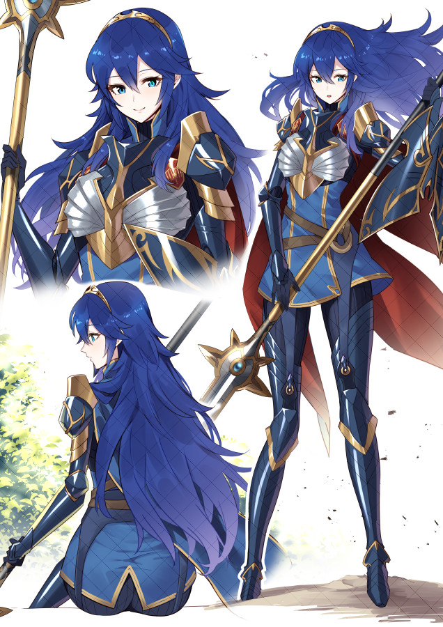 ameno (a meno0), lucina (brave princess) (fire emblem), lucina (fire emblem), fire emblem, fire emblem awakening, nintendo, 1girl, armor, blue eyes, blue hair, brand of the exalt, breastplate, cape, from behind, full body, gloves, hair between eyes, holding, holding weapon, long hair, multiple views, official alternate costume, open mouth, polearm, shield, shoulder armor, sitting, smile, spear, tiara, weapon