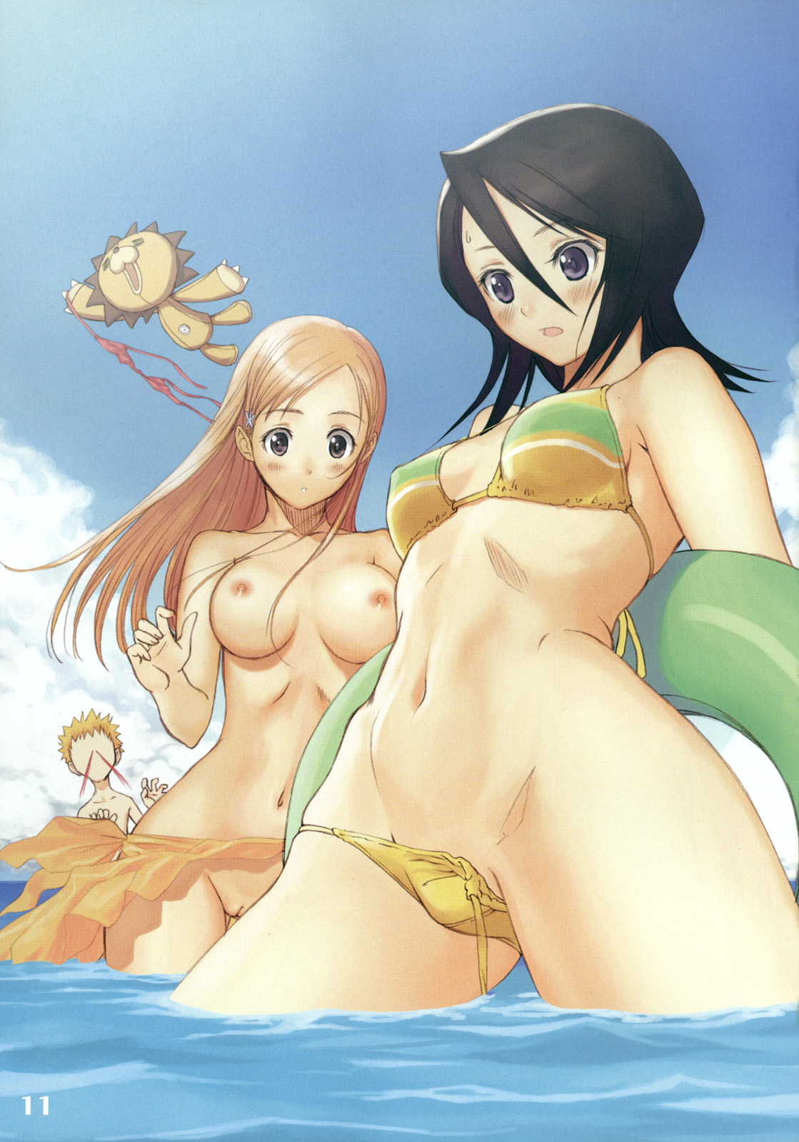 tony taka, inoue orihime, kon (bleach), kuchiki rukia, kurosaki ichigo, bleach, highres, 00s, 1boy, 2girls, bikini, blood, blush, bottomless, breasts, breasts out, clothed male nude female, clothes theft, completely nude, embarrassed, long hair, multiple girls, no panties, nosebleed, nude, short hair, surprised, swimsuit, swimsuit theft, swimsuit thief, theft, topless female, uncensored, untied bikini, unworn swimsuit